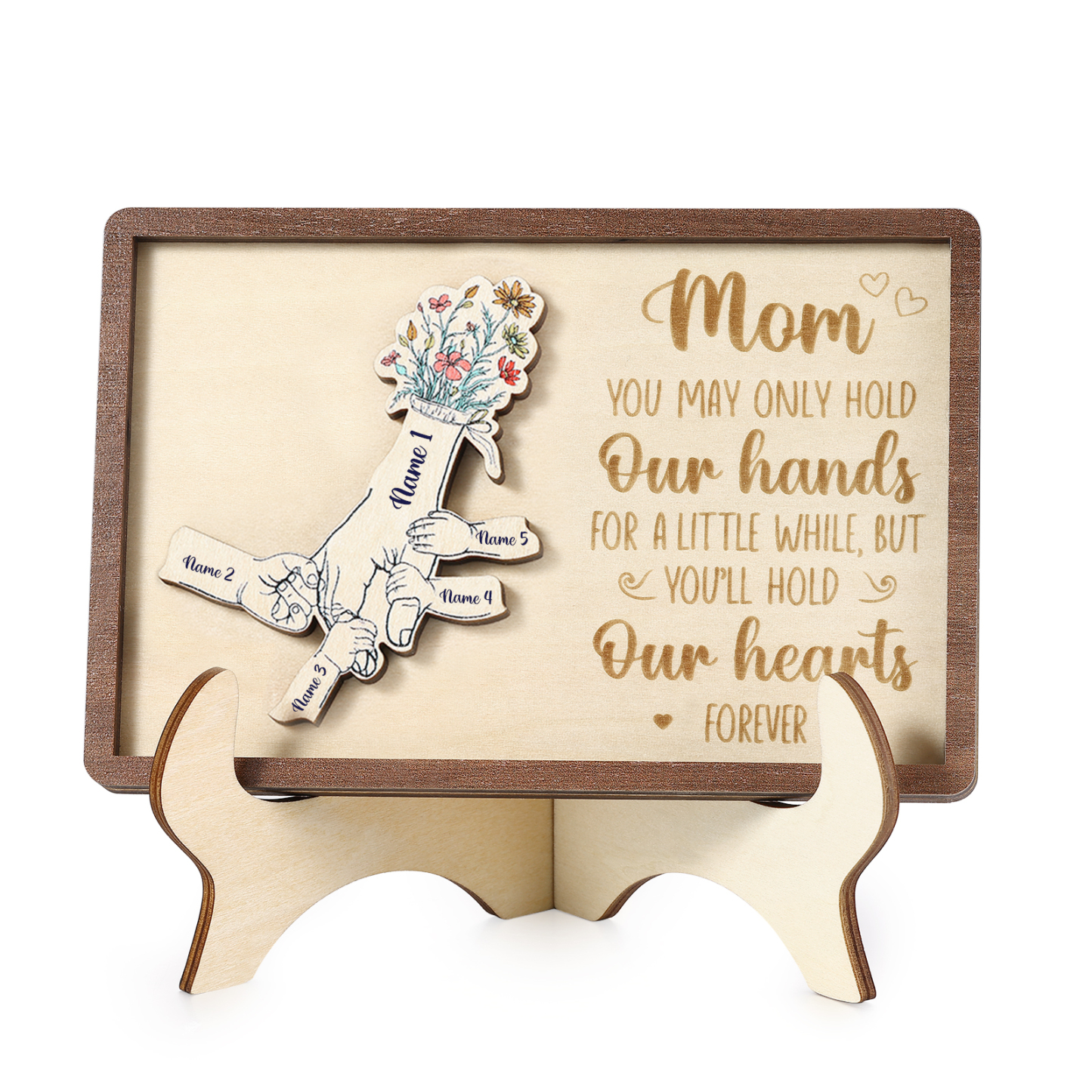 5 names - Hand-in-Hand Custom Wooden Plaque for Mom - Personalized Mother's Day Wooden Plaque