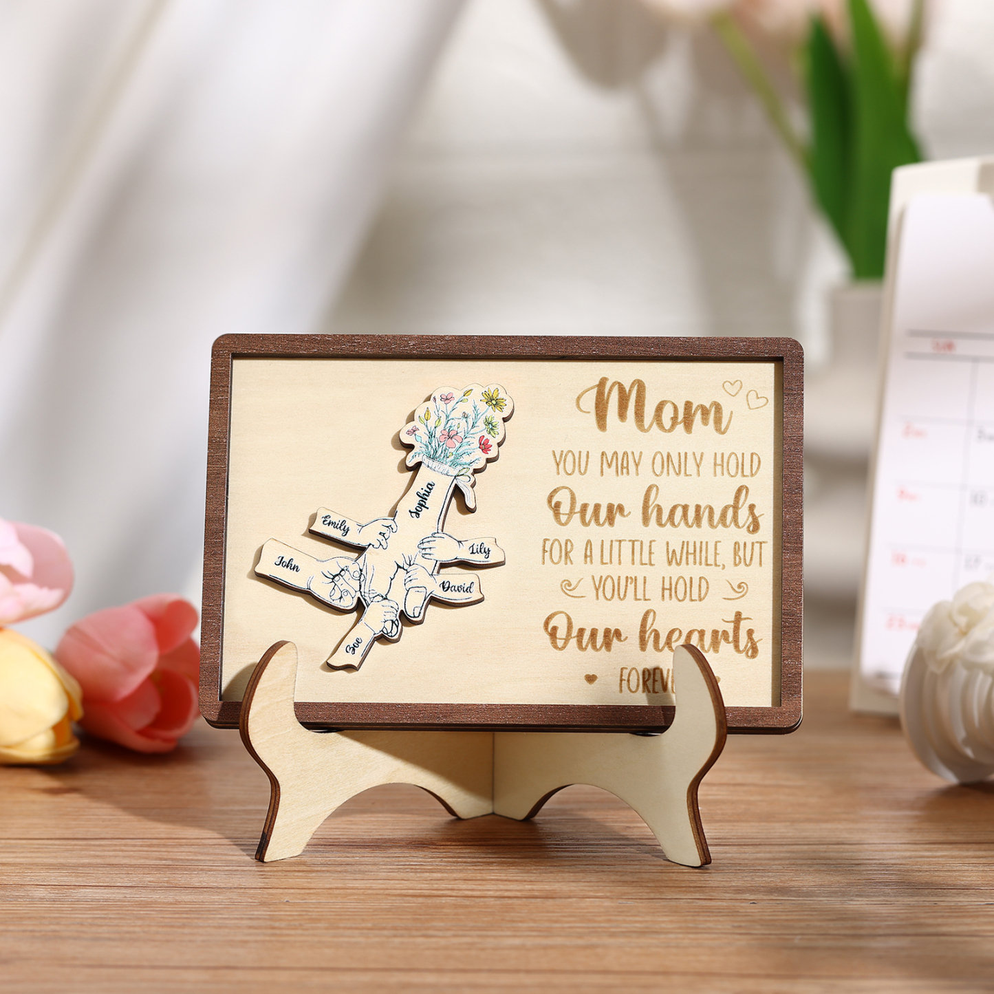 6 names - Hand-in-Hand Custom Wooden Plaque for Mom - Personalized Mother's Day Wooden Plaque