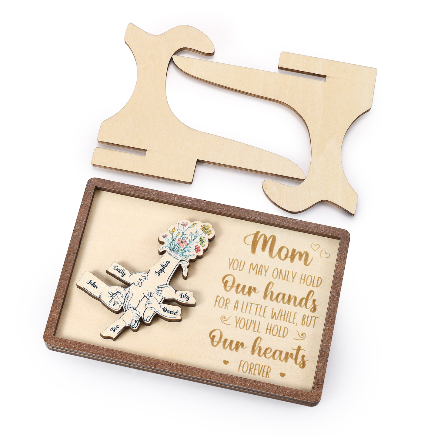6 names - Hand-in-Hand Custom Wooden Plaque for Mom - Personalized Mother's Day Wooden Plaque