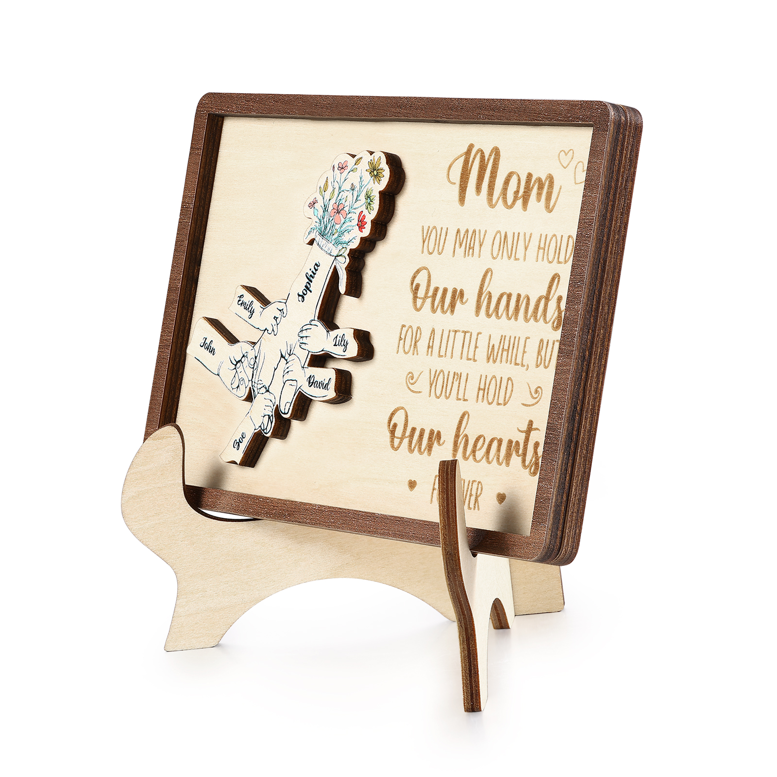 6 names - Hand-in-Hand Custom Wooden Plaque for Mom - Personalized Mother's Day Wooden Plaque