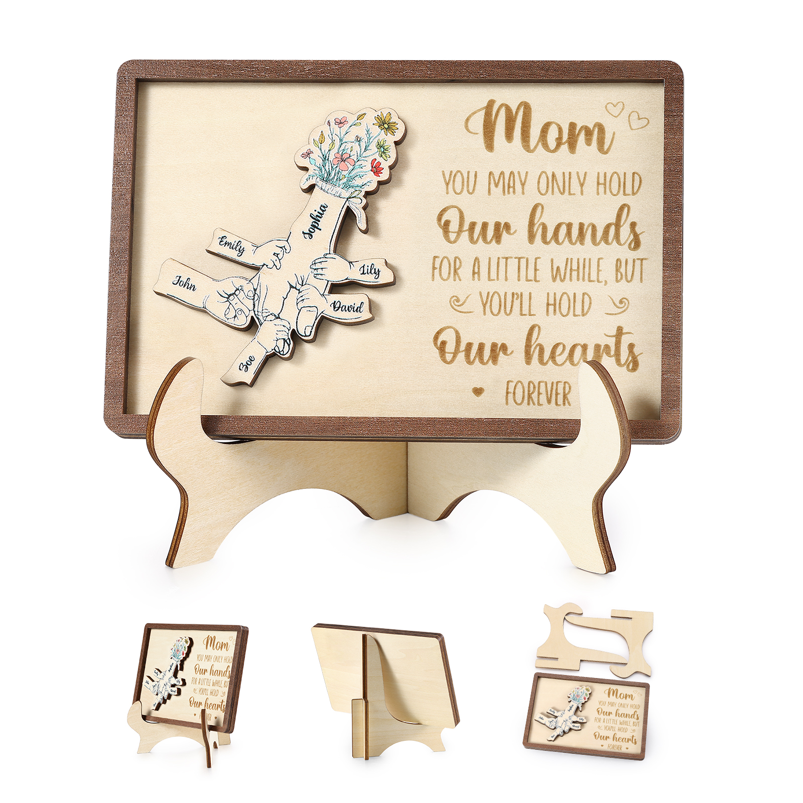 6 names - Hand-in-Hand Custom Wooden Plaque for Mom - Personalized Mother's Day Wooden Plaque