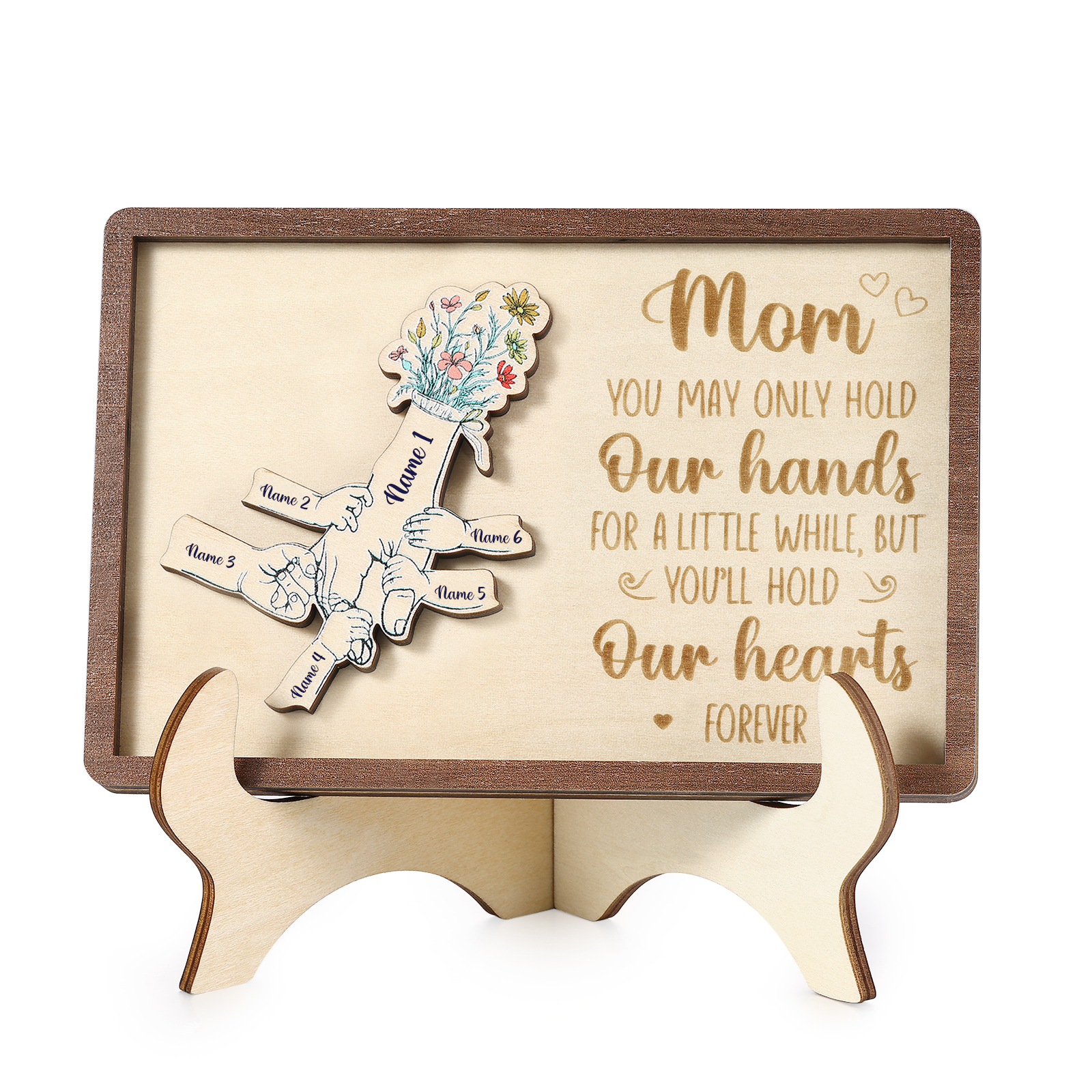 6 names - Hand-in-Hand Custom Wooden Plaque for Mom - Personalized Mother's Day Wooden Plaque