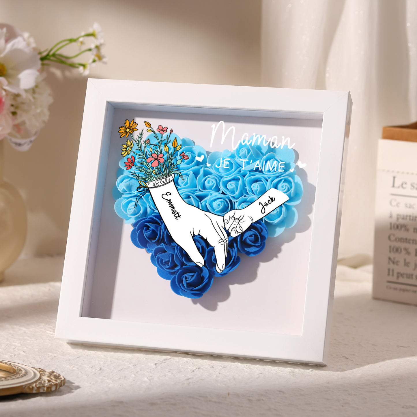 2 Names - Custom 3D Flower Shadow Plaq - Personalized Gift Decor with 