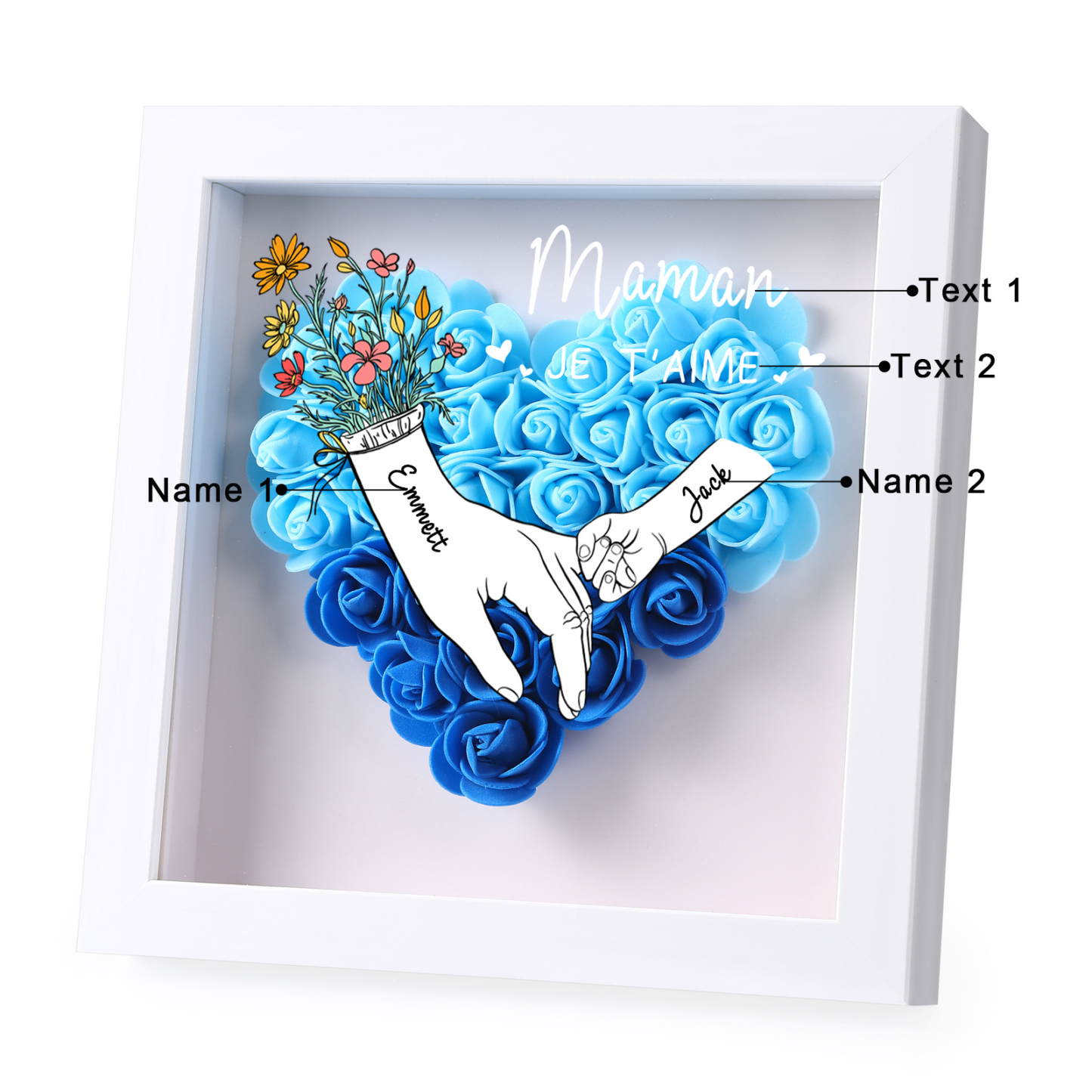 2 Names - Custom 3D Flower Shadow Plaque - Personalized Gift Decor with Names & Texts - Mother's Day, Grandma, Wife Plaque