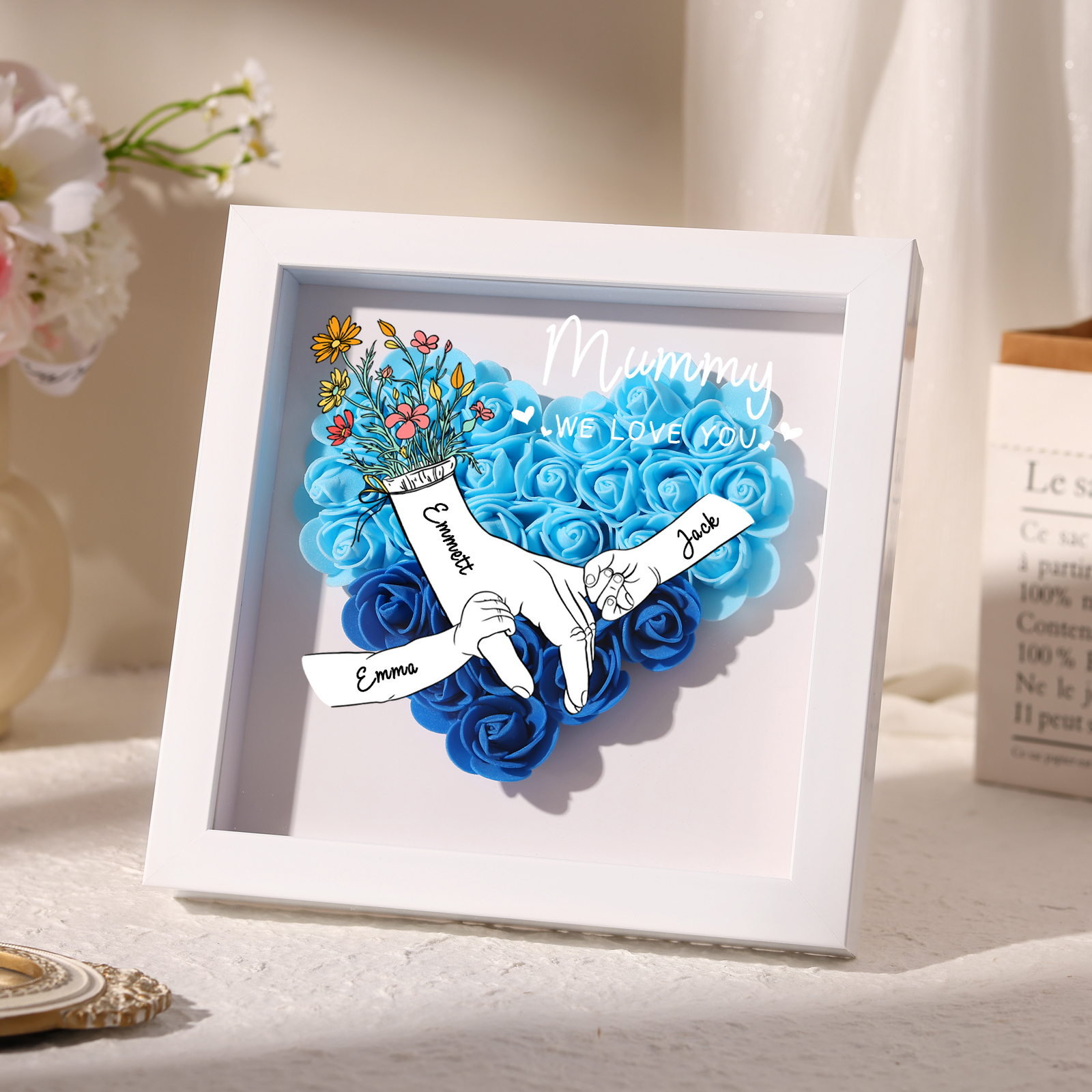 3 Names - Custom 3D Flower Shadow Plaque - Personalized Gift Decor with Names & Texts - Mother's Day, Grandma, Wife Plaque