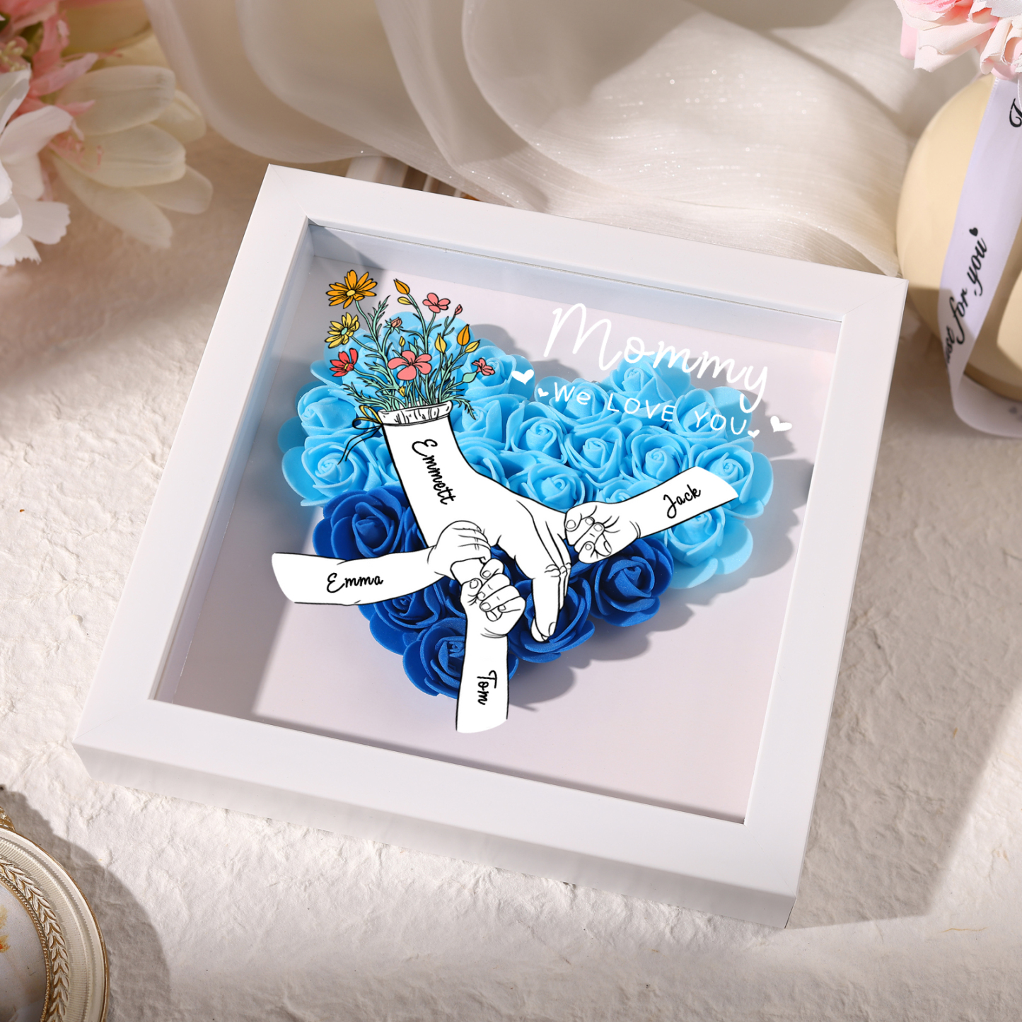 4 Names - Custom 3D Flower Shadow Plaque - Personalized Gift Decor with Names & Texts - Mother's Day, Grandma, Wife Plaque