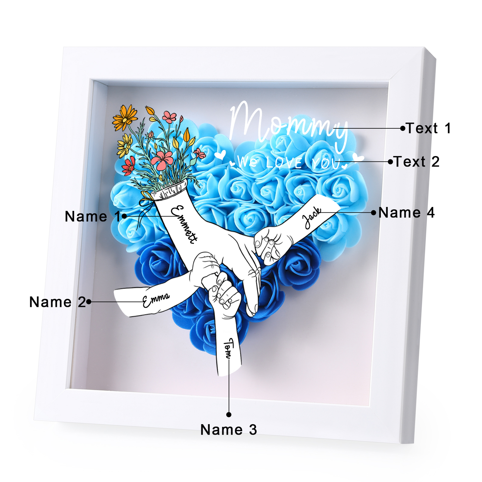 4 Names - Custom 3D Flower Shadow Plaque - Personalized Gift Decor with Names & Texts - Mother's Day, Grandma, Wife Plaque