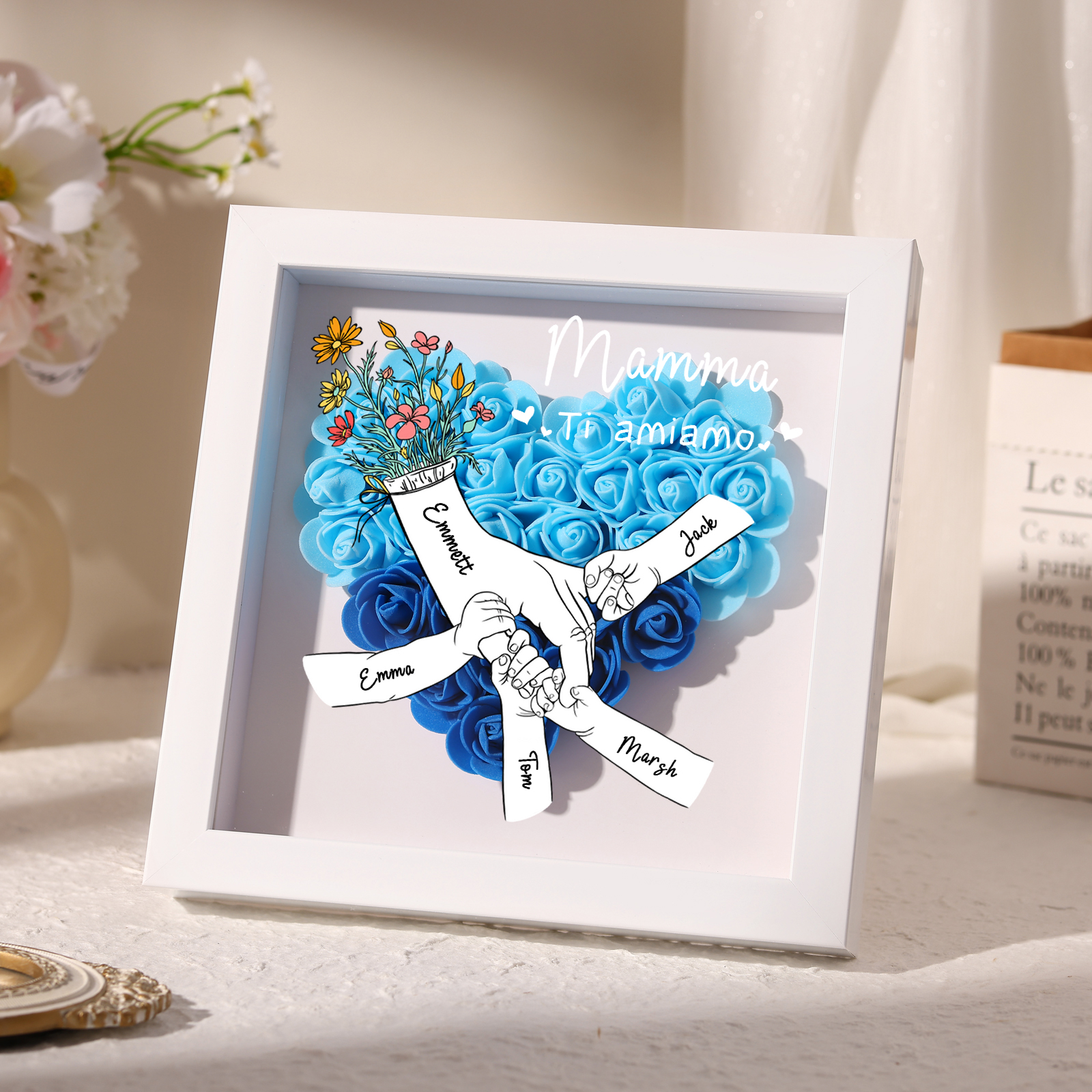 5 Names - Custom 3D Flower Shadow Plaque - Personalized Gift Decor with Names & Texts - Mother's Day, Grandma, Wife Plaque