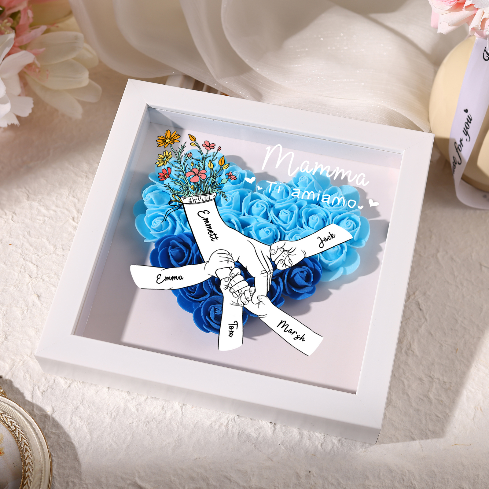 5 Names - Custom 3D Flower Shadow Plaque - Personalized Gift Decor with Names & Texts - Mother's Day, Grandma, Wife Plaque