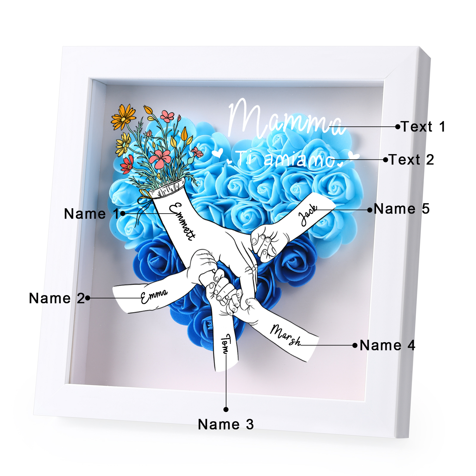 5 Names - Custom 3D Flower Shadow Plaque - Personalized Gift Decor with Names & Texts - Mother's Day, Grandma, Wife Plaque