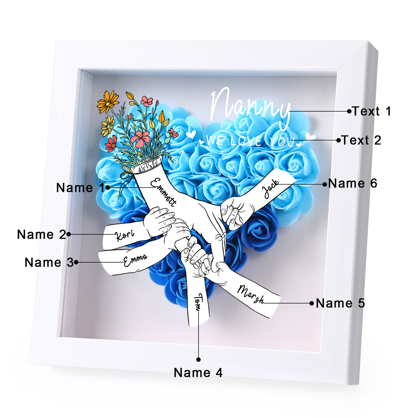 6 Names - Custom 3D Flower Shadow Plaque - Personalized Gift Decor with Names & Texts - Mother's Day, Grandma, Wife Plaque