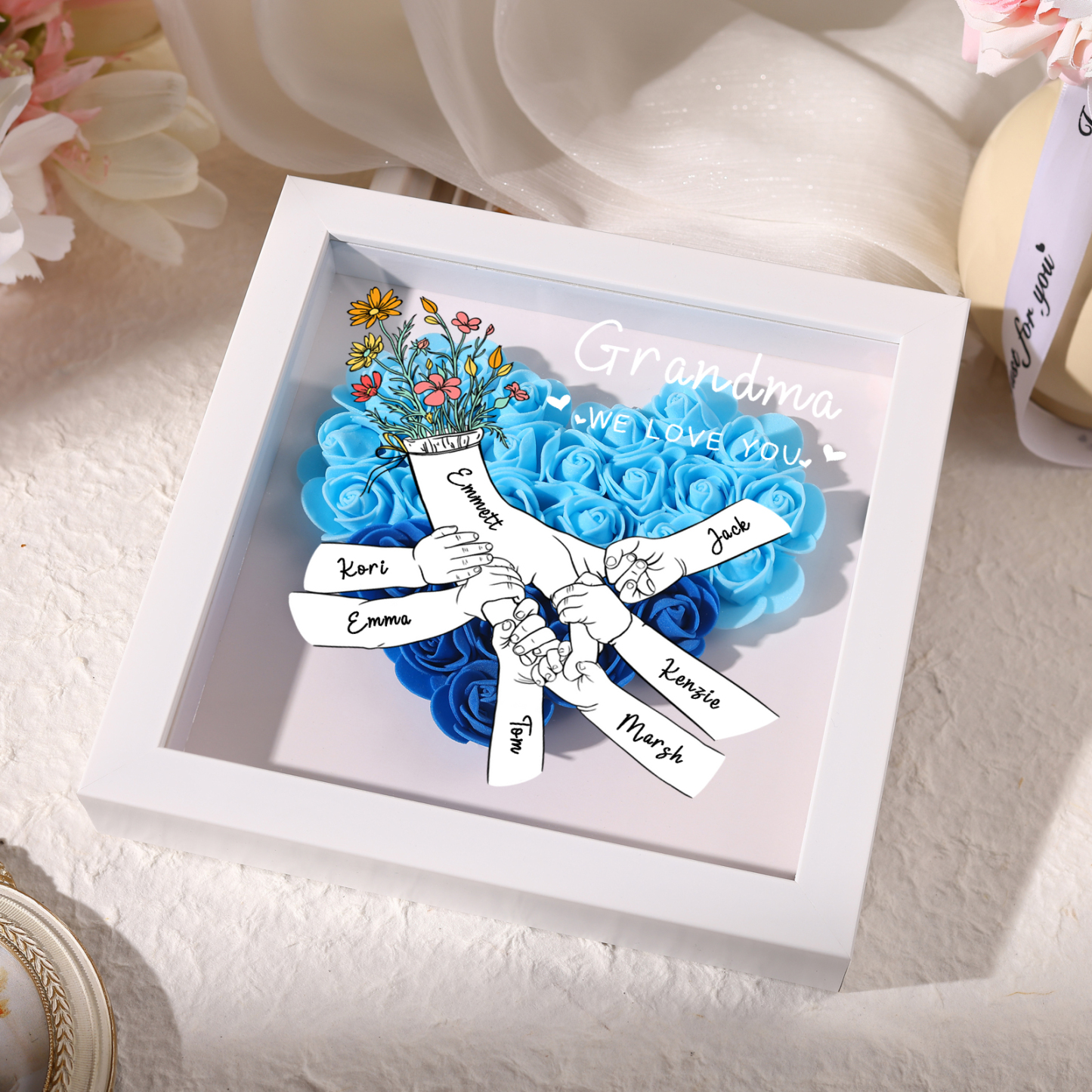 7 Names - Custom 3D Flower Shadow Plaque - Personalized Gift Decor with Names & Texts - Mother's Day, Grandma, Wife Plaque