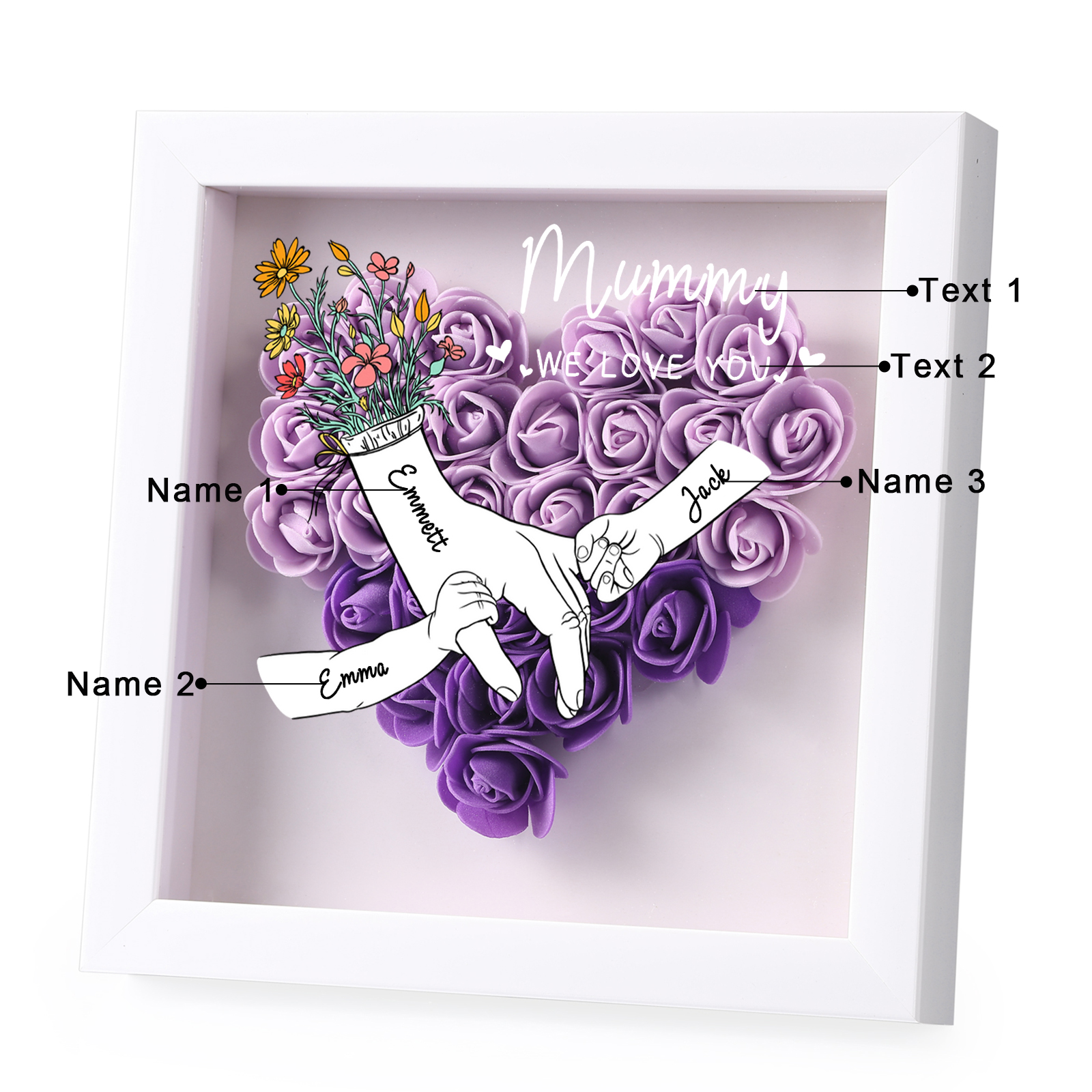 3 Names - Custom 3D Flower Shadow Plaque - Personalized Gift Decor with Names & Texts - Mother's Day, Grandma, Wife Plaque
