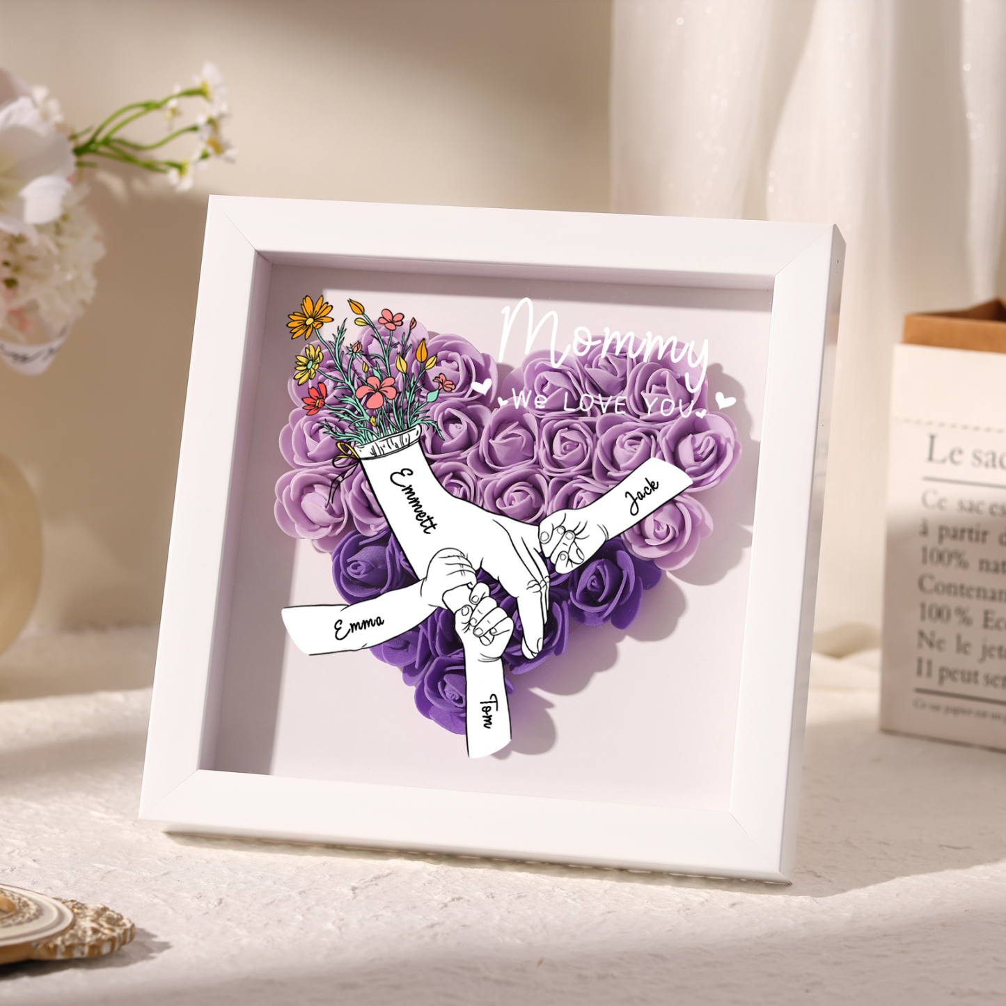 4 Names - Custom 3D Flower Shadow Plaque - Personalized Gift Decor with Names & Texts - Mother's Day, Grandma, Wife Plaque