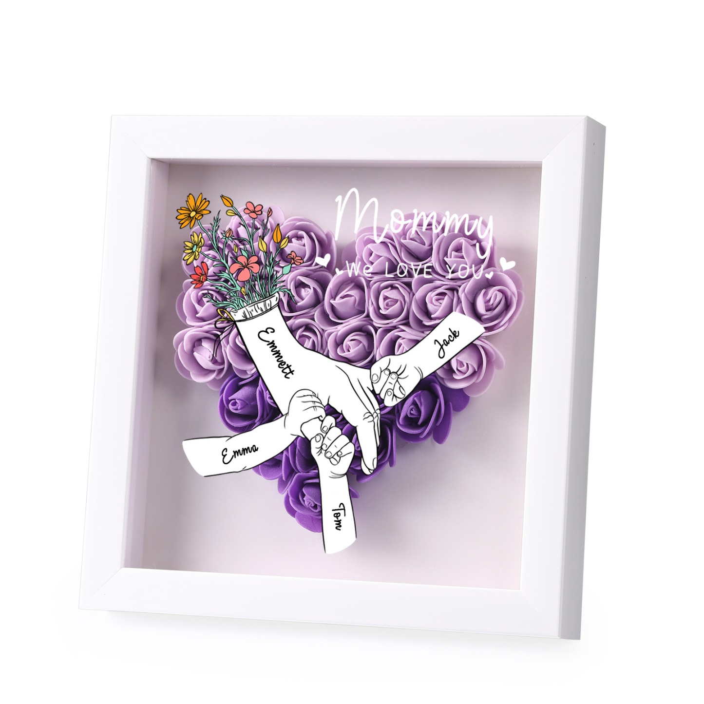 4 Names - Custom 3D Flower Shadow Plaque - Personalized Gift Decor with Names & Texts - Mother's Day, Grandma, Wife Plaque