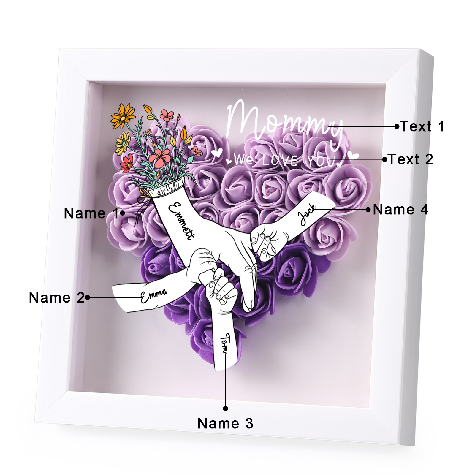 4 Names - Custom 3D Flower Shadow Plaque - Personalized Gift Decor with Names & Texts - Mother's Day, Grandma, Wife Plaque