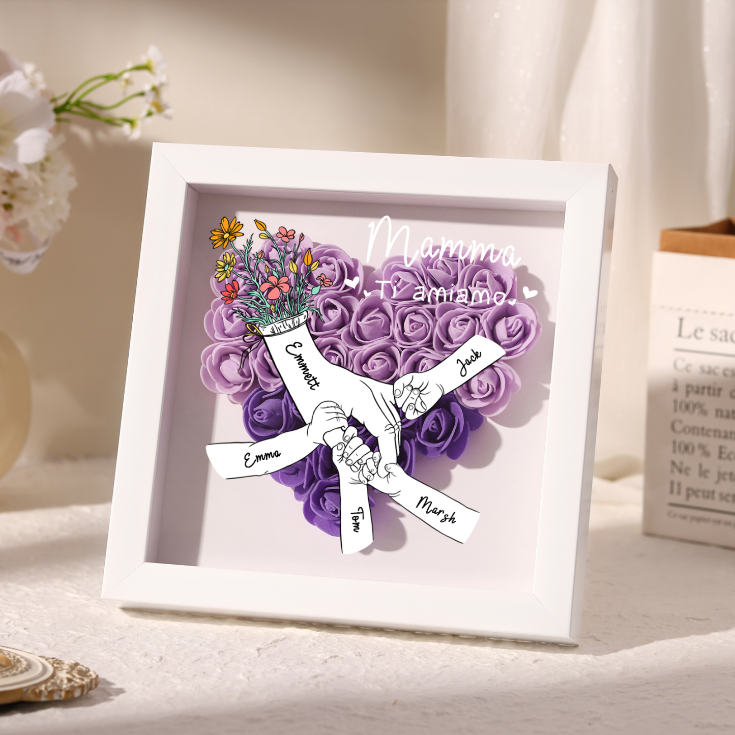 5 Names - Custom 3D Flower Shadow Plaq - Personalized Gift Decor with