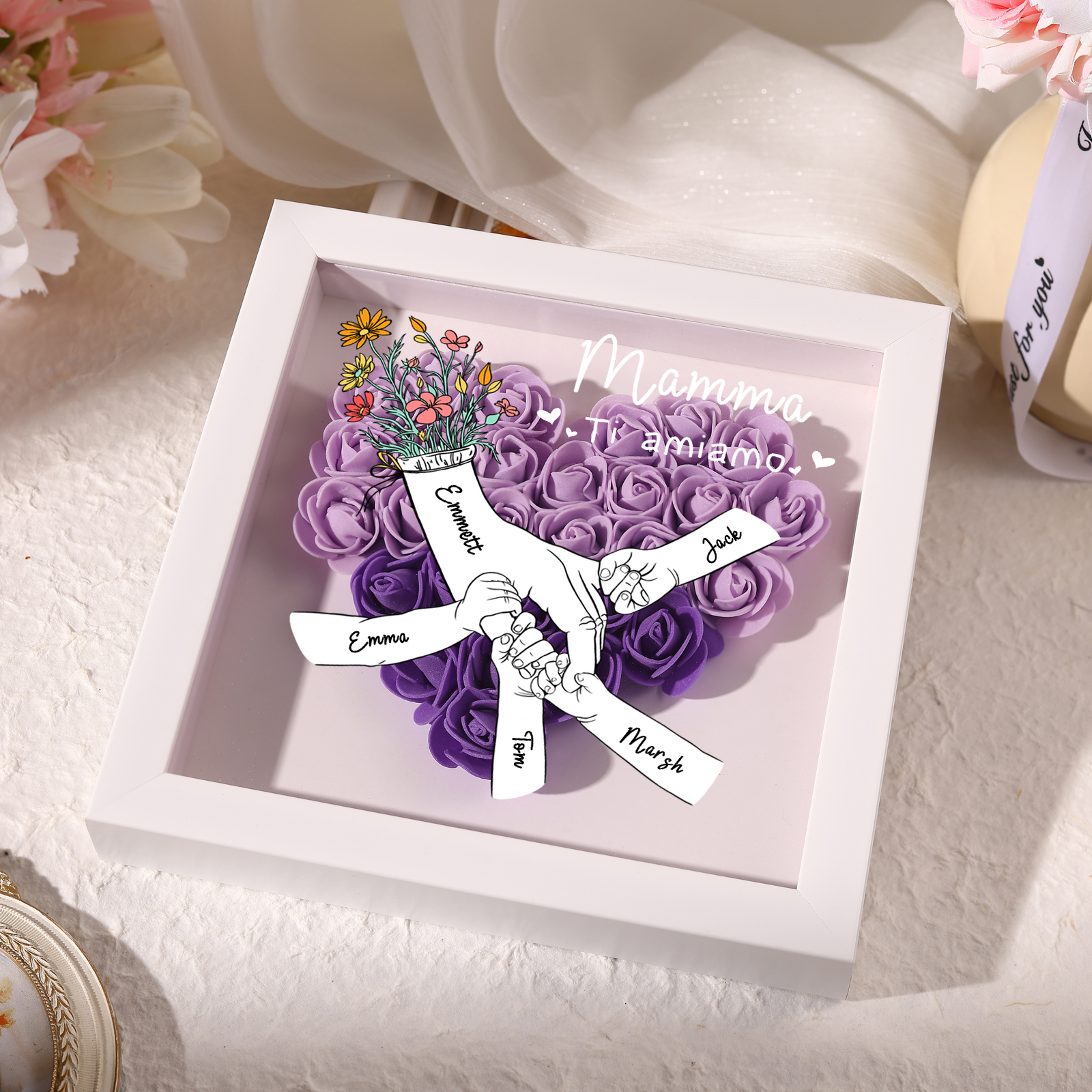 5 Names - Custom 3D Flower Shadow Plaque - Personalized Gift Decor with Names & Texts - Mother's Day, Grandma, Wife Plaque