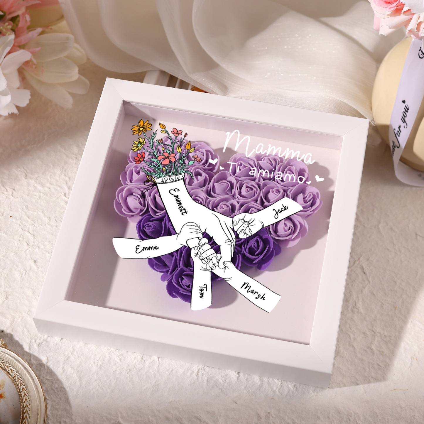 5 Names - Custom 3D Flower Shadow Plaque - Personalized Gift Decor with Names & Texts - Mother's Day, Grandma, Wife Plaque