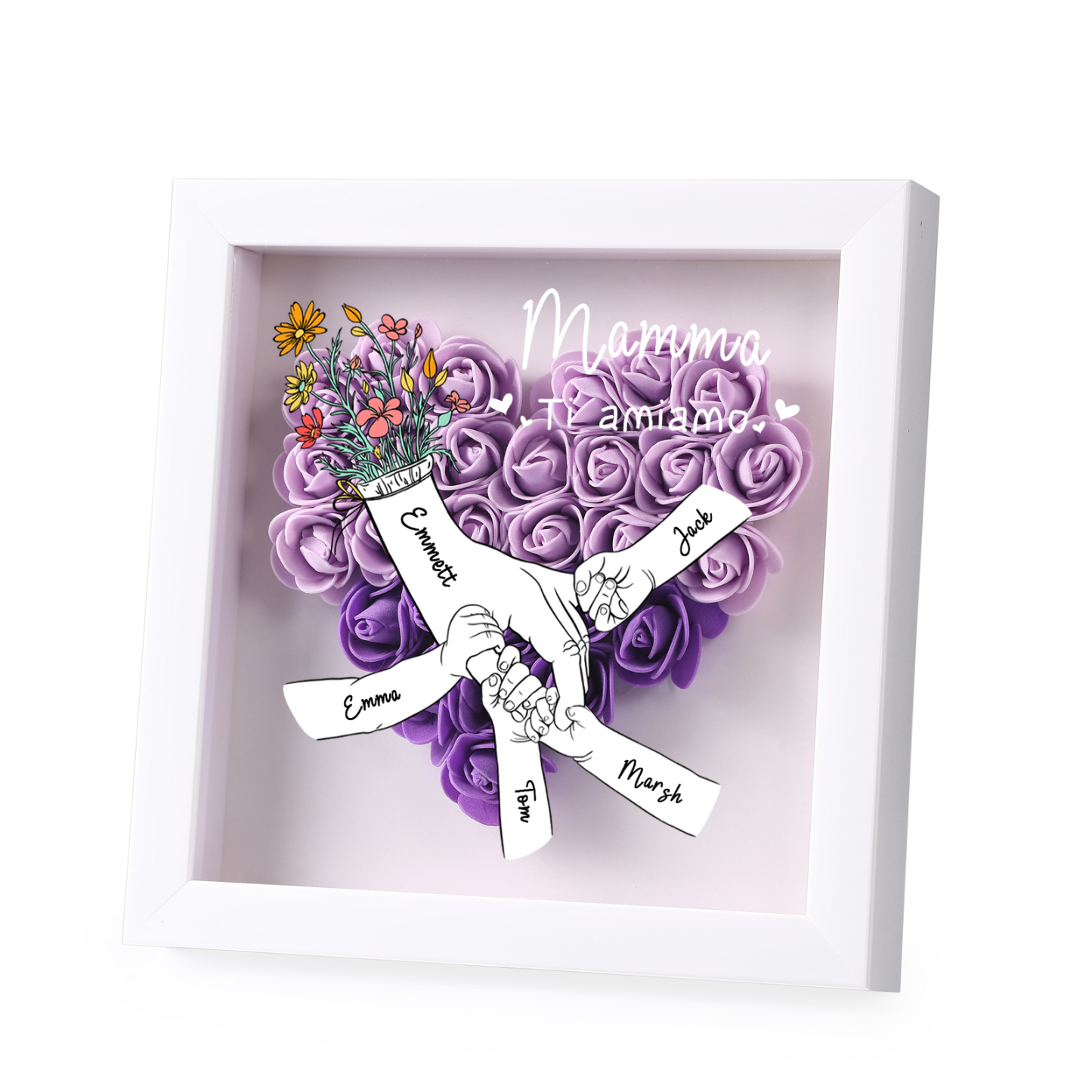 5 Names - Custom 3D Flower Shadow Plaque - Personalized Gift Decor with Names & Texts - Mother's Day, Grandma, Wife Plaque