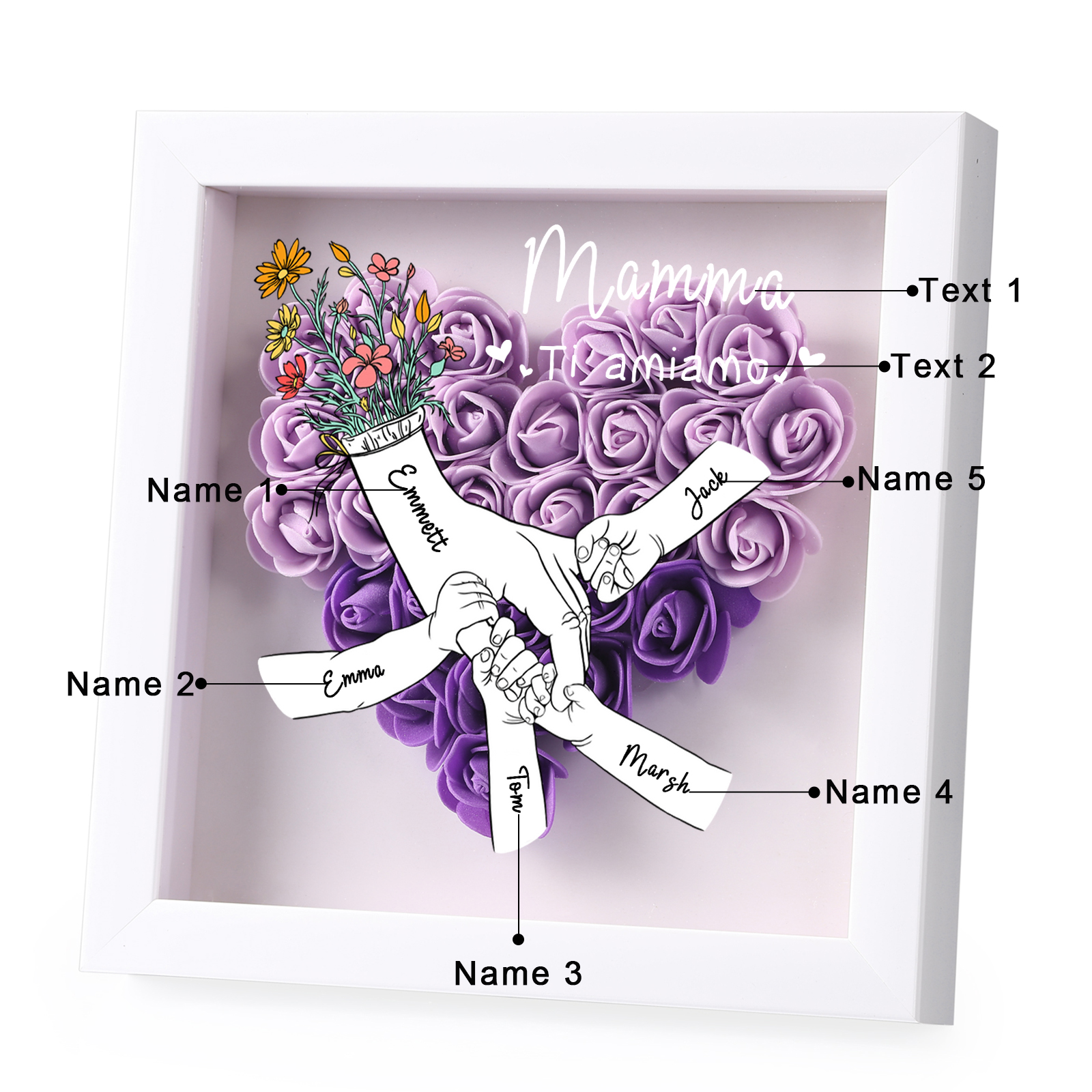 5 Names - Custom 3D Flower Shadow Plaque - Personalized Gift Decor with Names & Texts - Mother's Day, Grandma, Wife Plaque