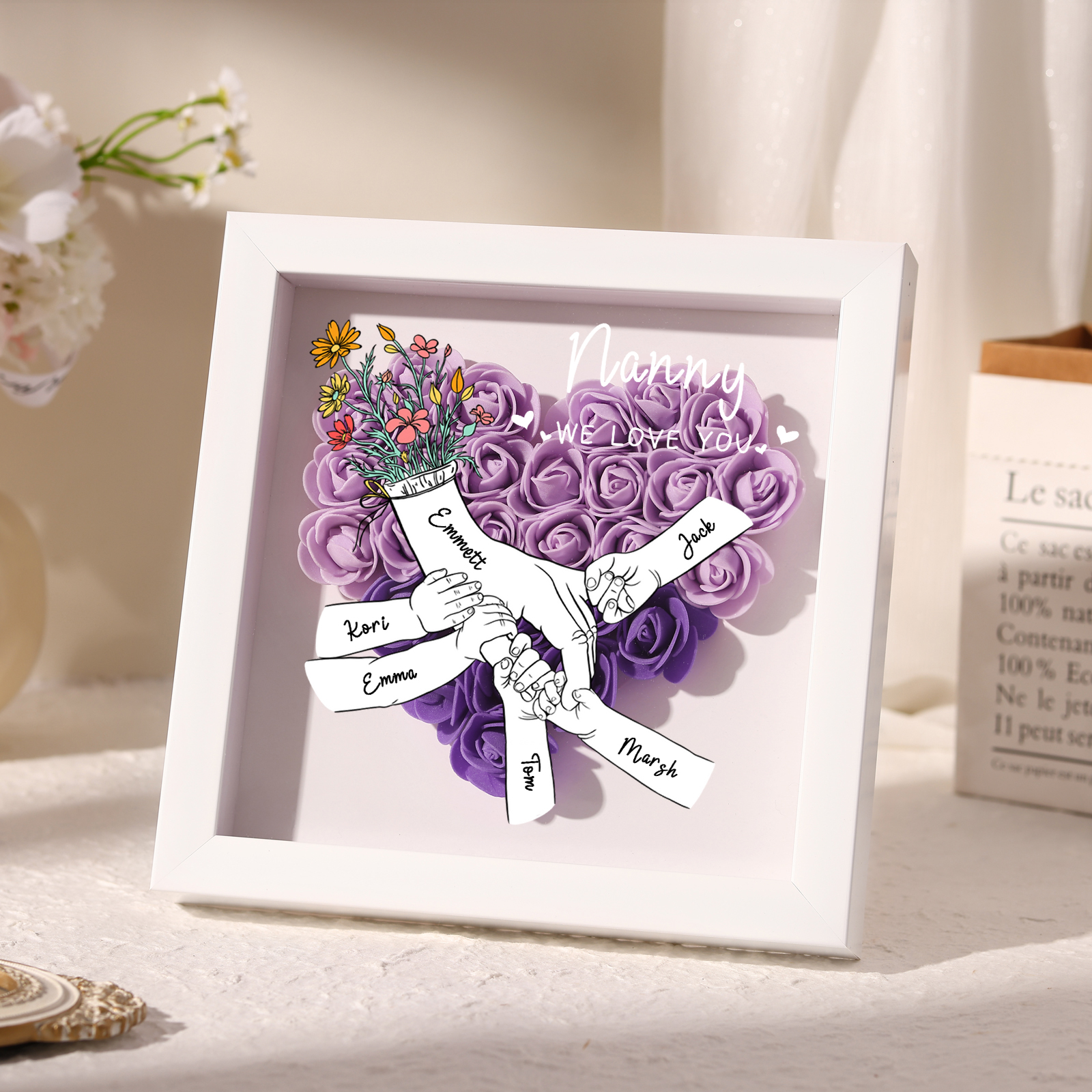 6 Names - Custom 3D Flower Shadow Plaque - Personalized Gift Decor with Names & Texts - Mother's Day, Grandma, Wife Plaque