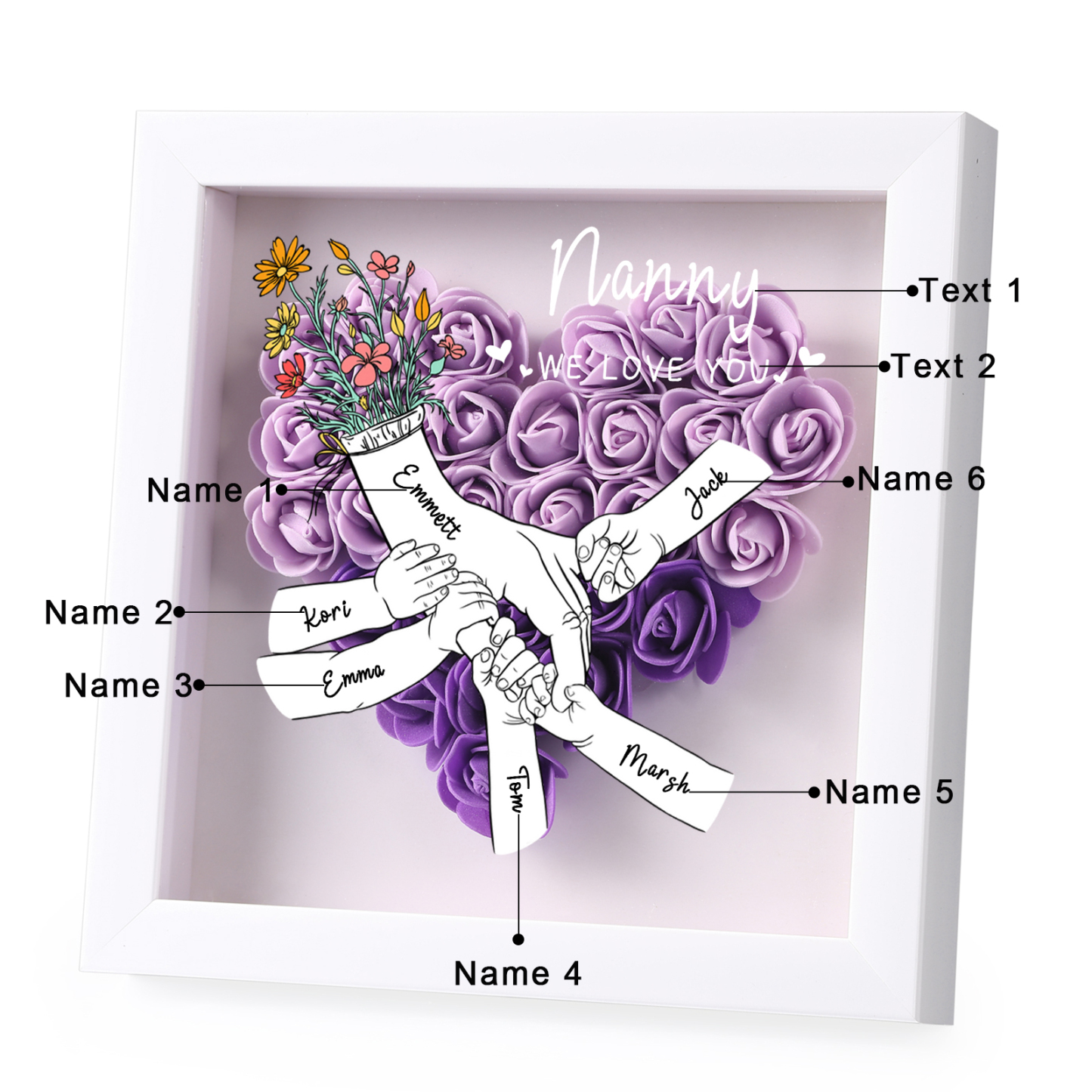 6 Names - Custom 3D Flower Shadow Plaque - Personalized Gift Decor with Names & Texts - Mother's Day, Grandma, Wife Plaque