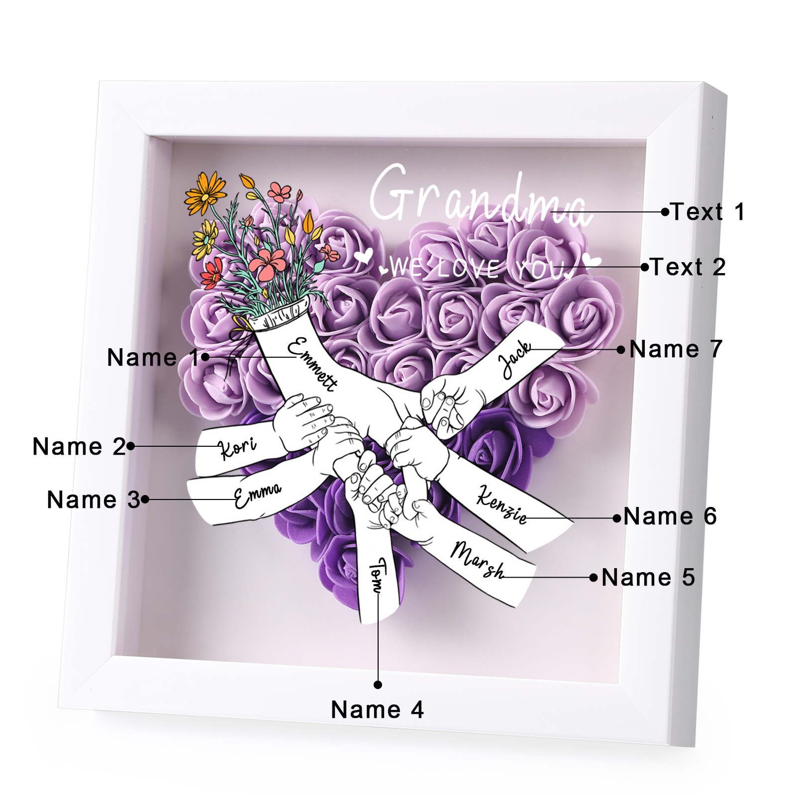 7 Names - Custom 3D Flower Shadow Plaque - Personalized Gift Decor with Names & Texts - Mother's Day, Grandma, Wife Plaque