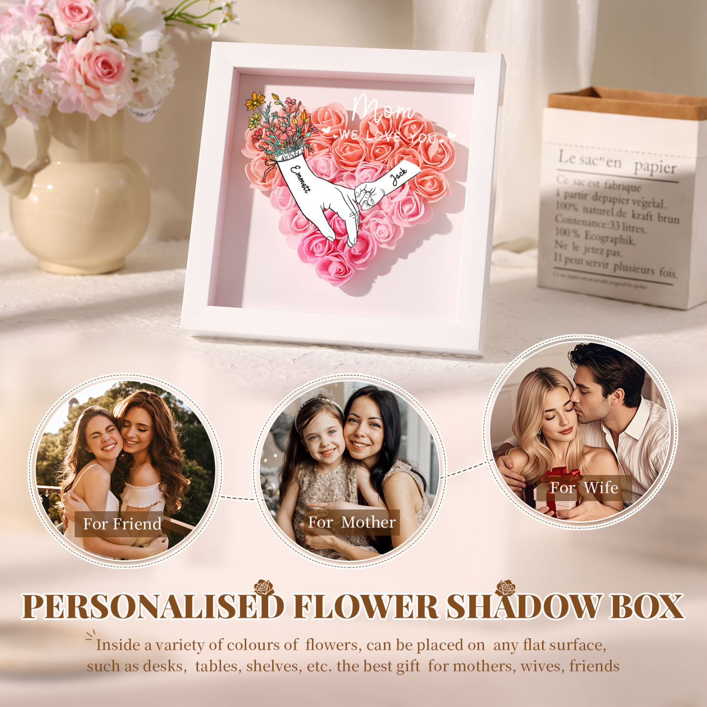 2 Names - Custom 3D Flower Shadow Box - Personalized Gift Decor with Names & Texts - Mother's Day, Grandma, Wife Gift