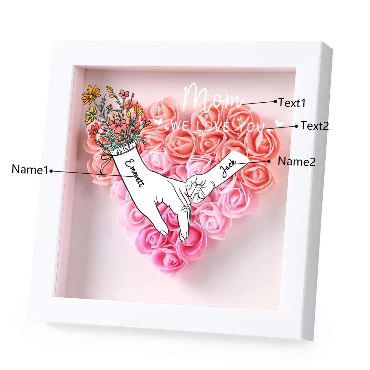 2 Names - Custom 3D Flower Shadow Box - Personalized Gift Decor with Names & Texts - Mother's Day, Grandma, Wife Gift