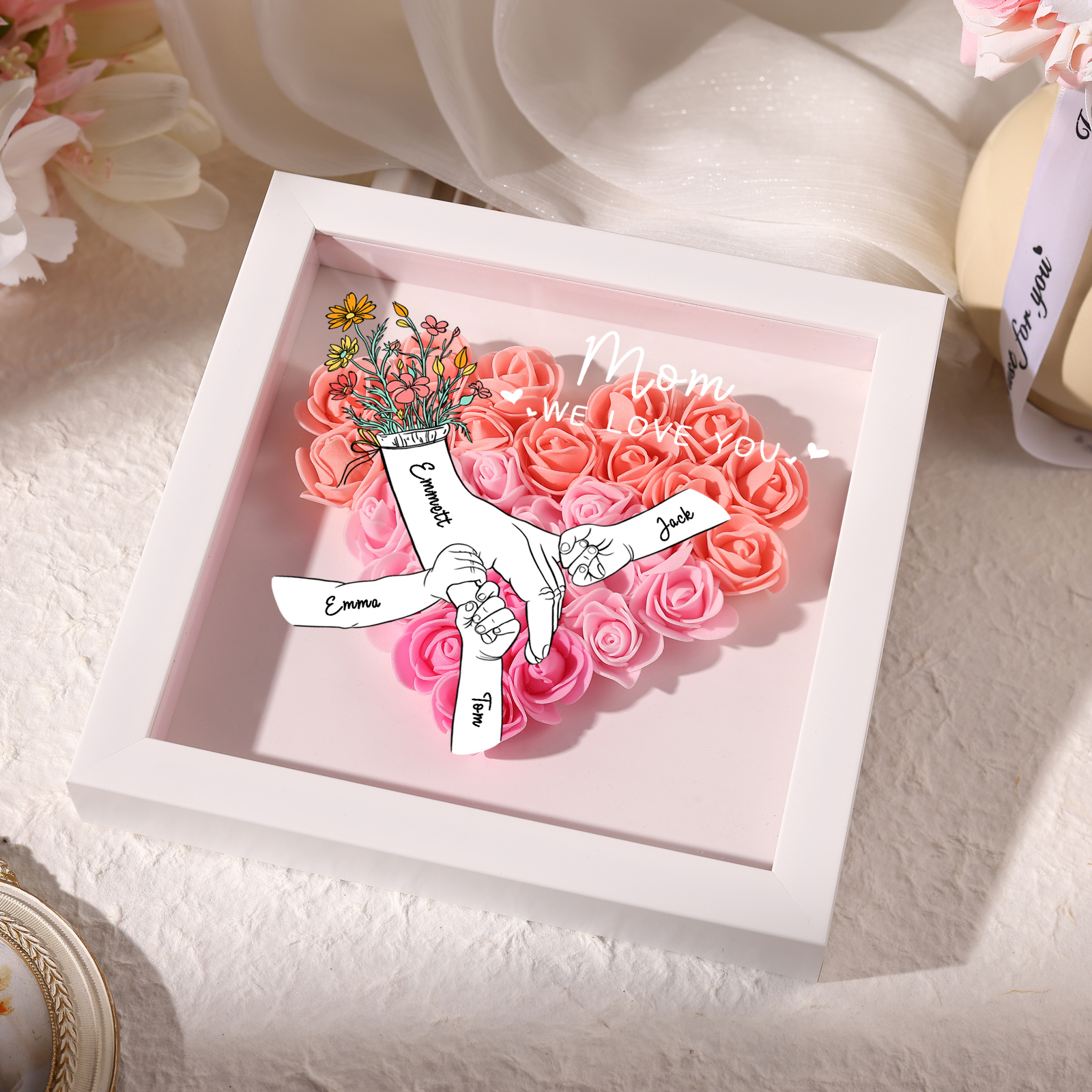 4 Names - Custom 3D Flower Shadow Plaque - Personalized Gift Decor with Names & Texts - Mother's Day, Grandma, Wife Plaque