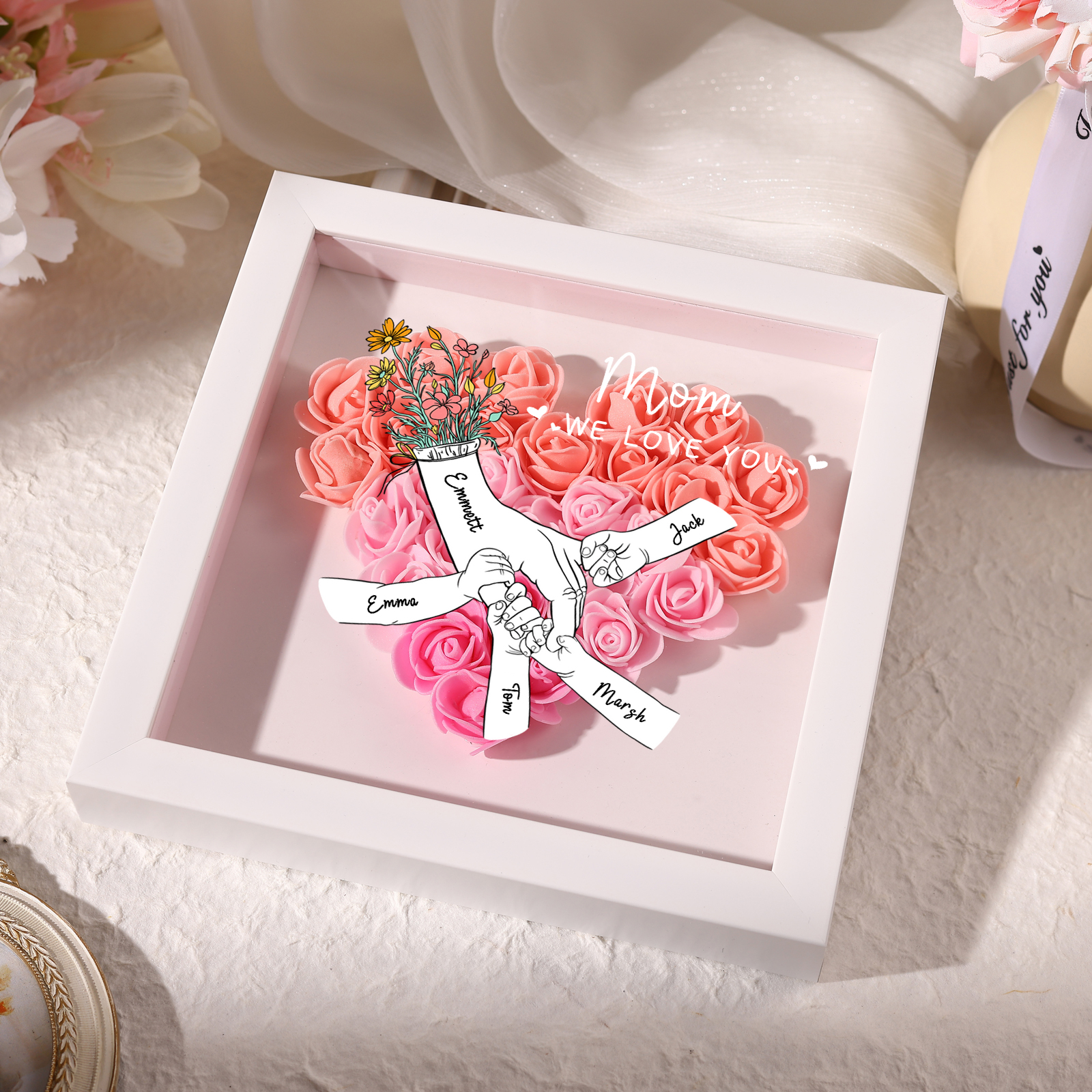 5 Names - Custom 3D Flower Shadow Plaque - Personalized Gift Decor with Names & Texts - Mother's Day, Grandma, Wife Plaque