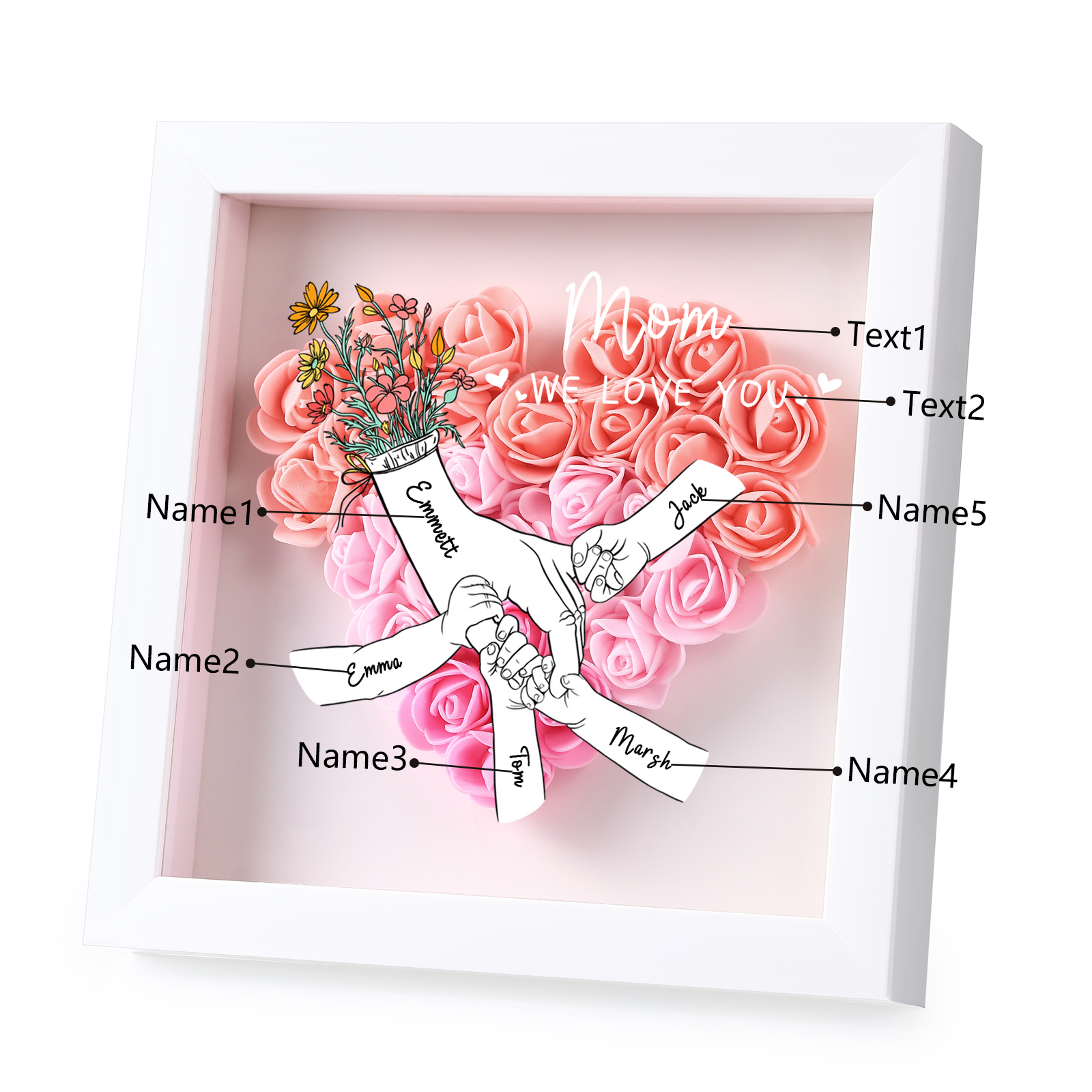 5 Names - Custom 3D Flower Shadow Plaque - Personalized Gift Decor with Names & Texts - Mother's Day, Grandma, Wife Plaque