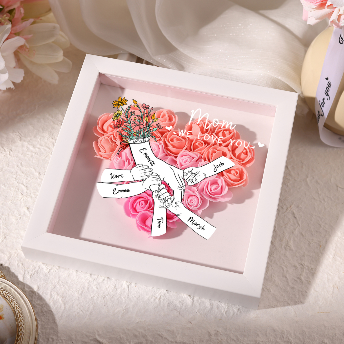 6 Names - Custom 3D Flower Shadow Plaque - Personalized Gift Decor with Names & Texts - Mother's Day, Grandma, Wife Plaque