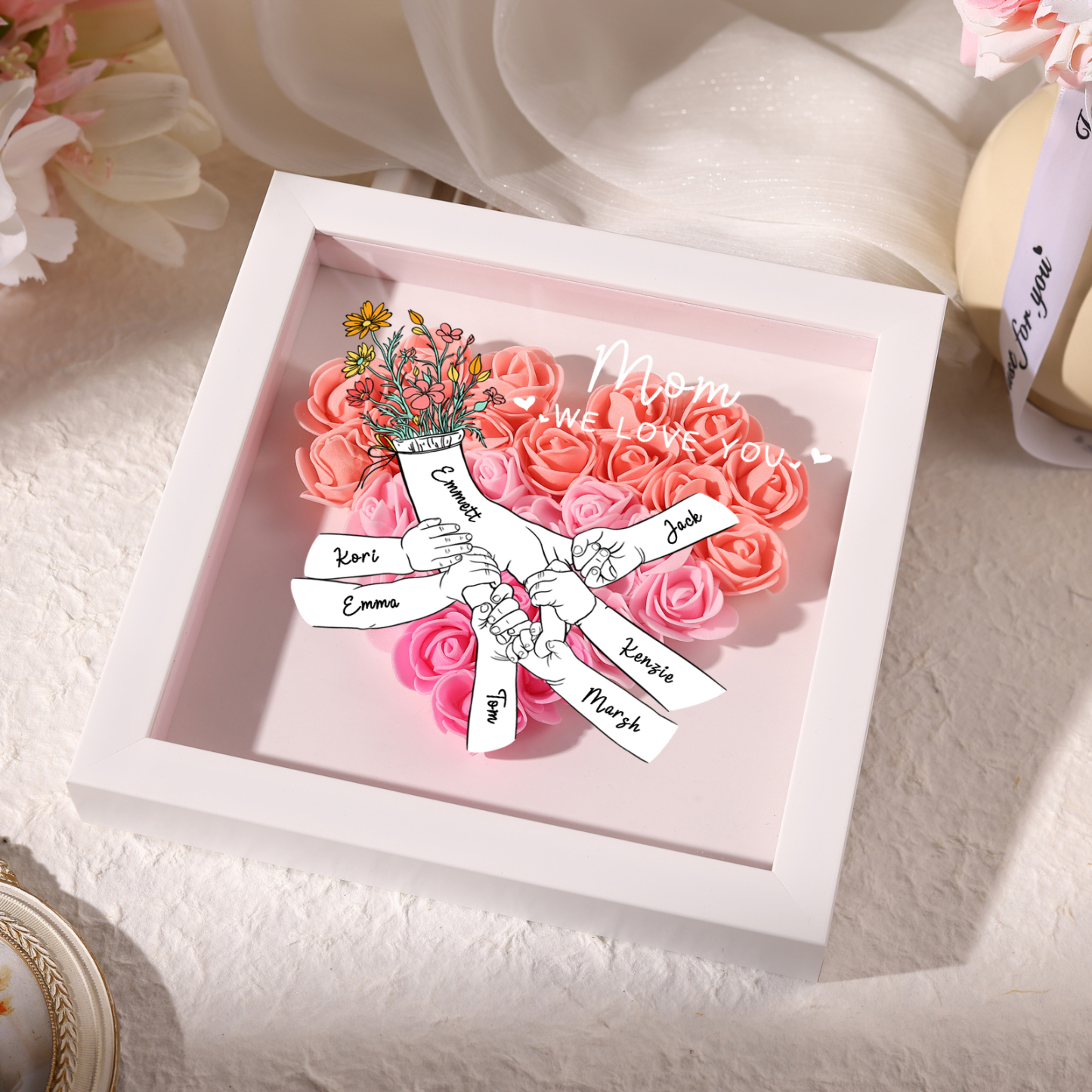 7 Names - Custom 3D Flower Shadow Plaque - Personalized Gift Decor with Names & Texts - Mother's Day, Grandma, Wife Plaque