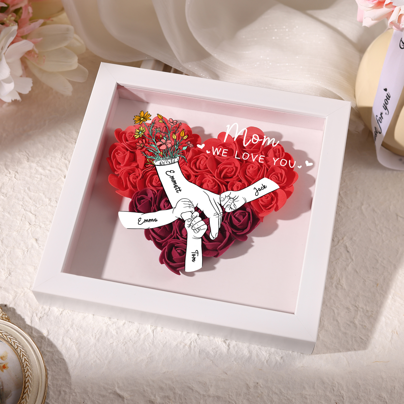 4 Names - Custom 3D Flower Shadow Plaque - Personalized Gift Decor with Names & Texts - Mother's Day, Grandma, Wife Plaque