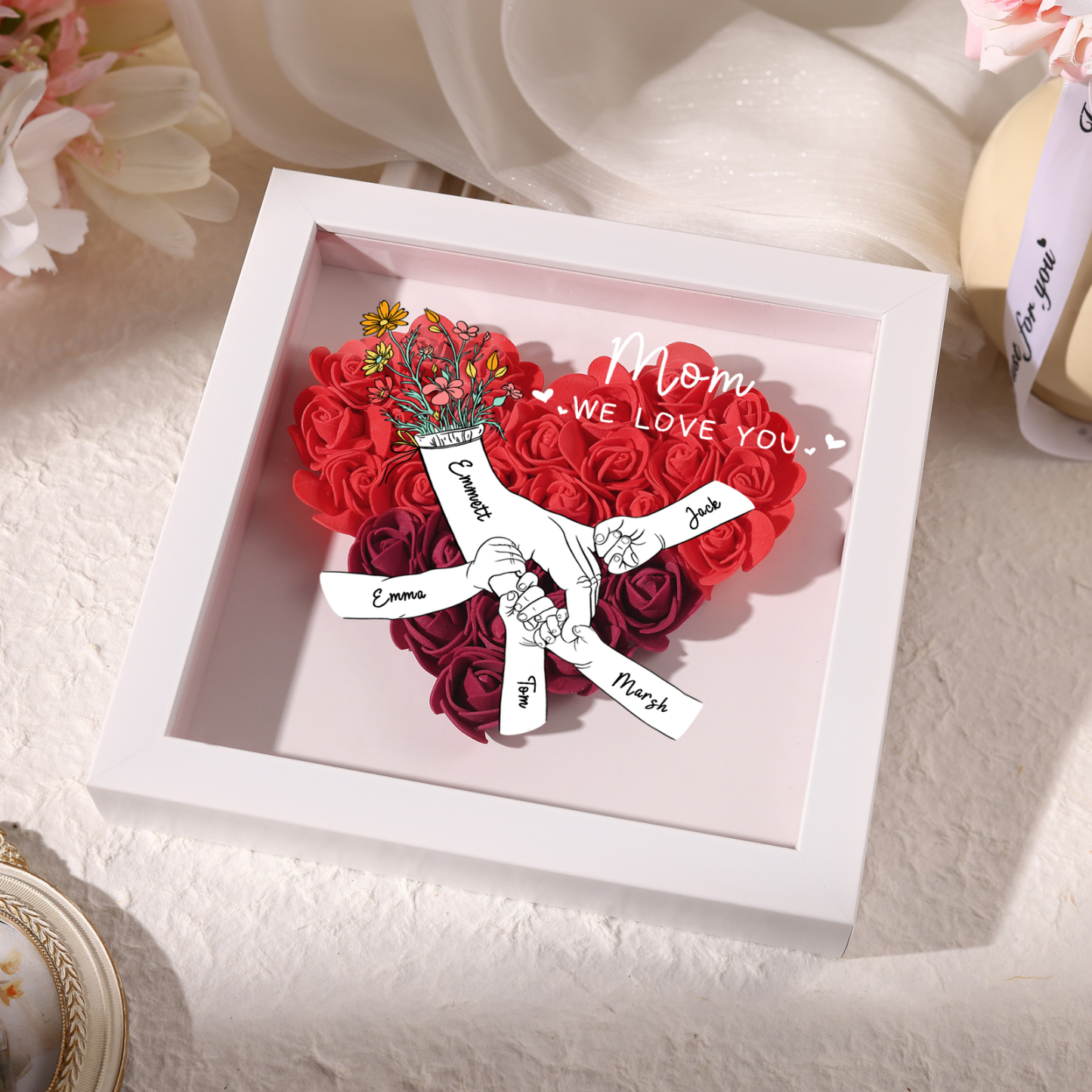 5 Names - Custom 3D Flower Shadow Plaque - Personalized Gift Decor with Names & Texts - Mother's Day, Grandma, Wife Plaque