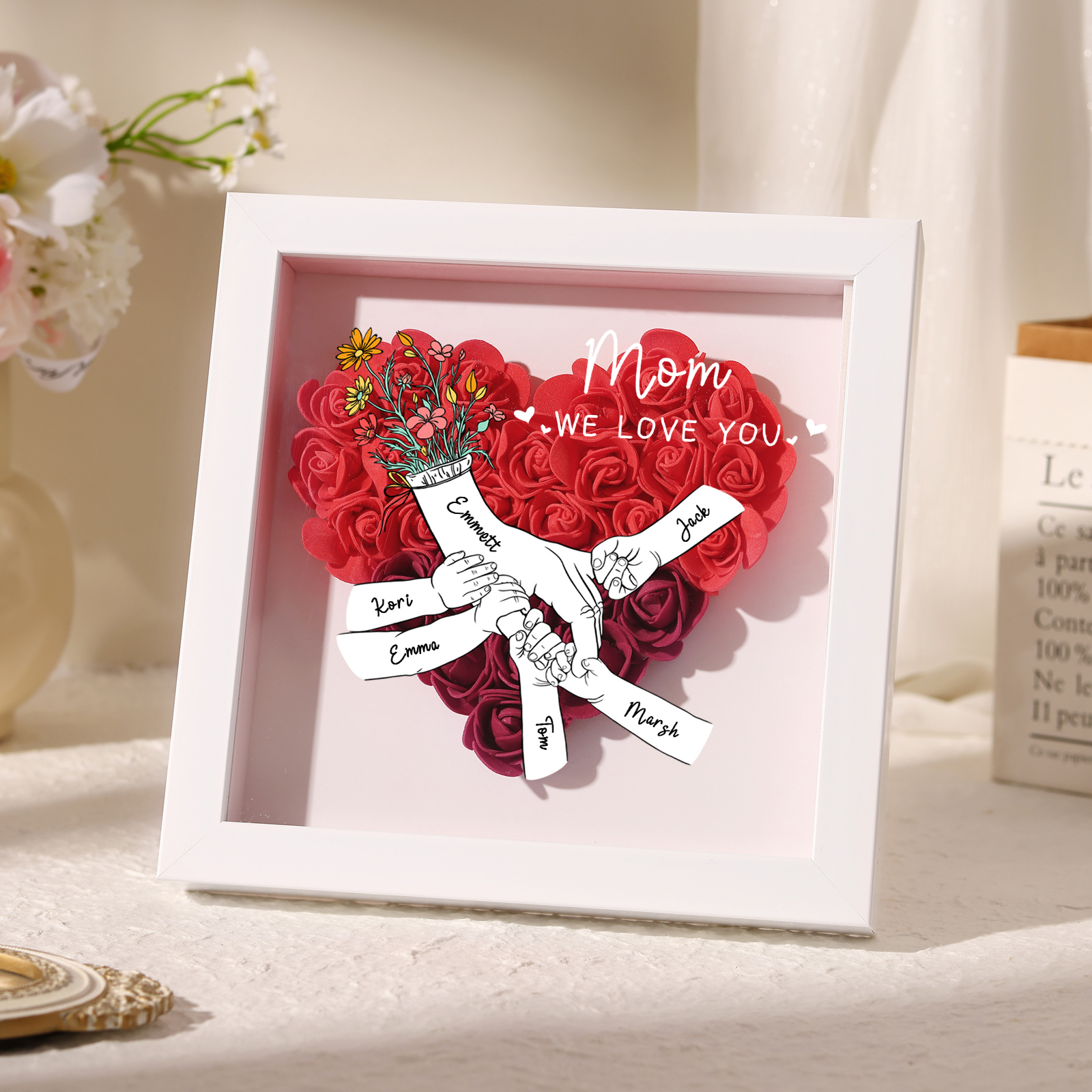 6 Names - Custom 3D Flower Shadow Plaque - Personalized Gift Decor with Names & Texts - Mother's Day, Grandma, Wife Plaque