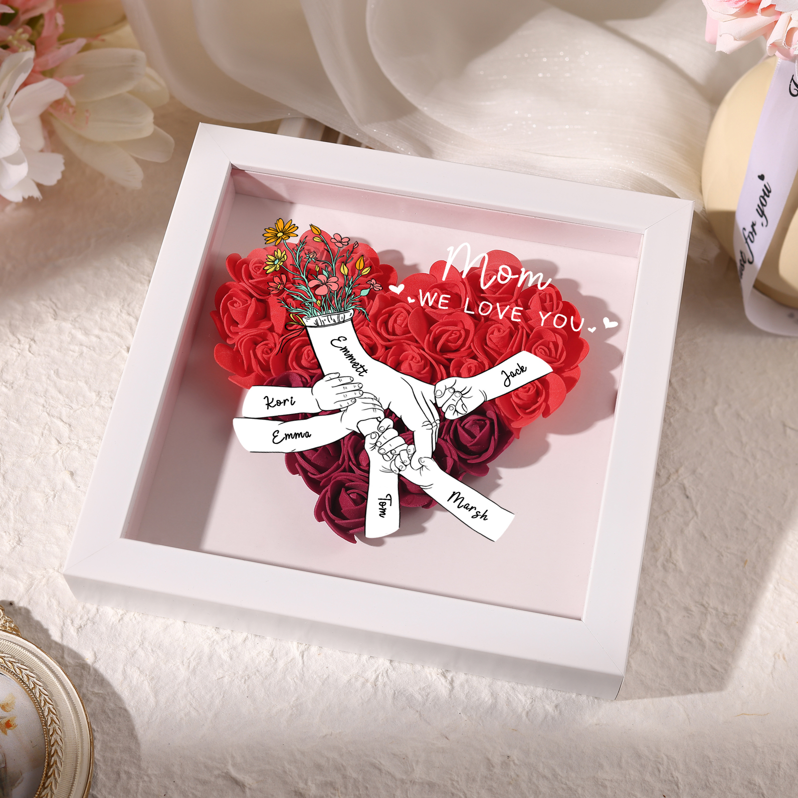 6 Names - Custom 3D Flower Shadow Plaque - Personalized Gift Decor with Names & Texts - Mother's Day, Grandma, Wife Plaque