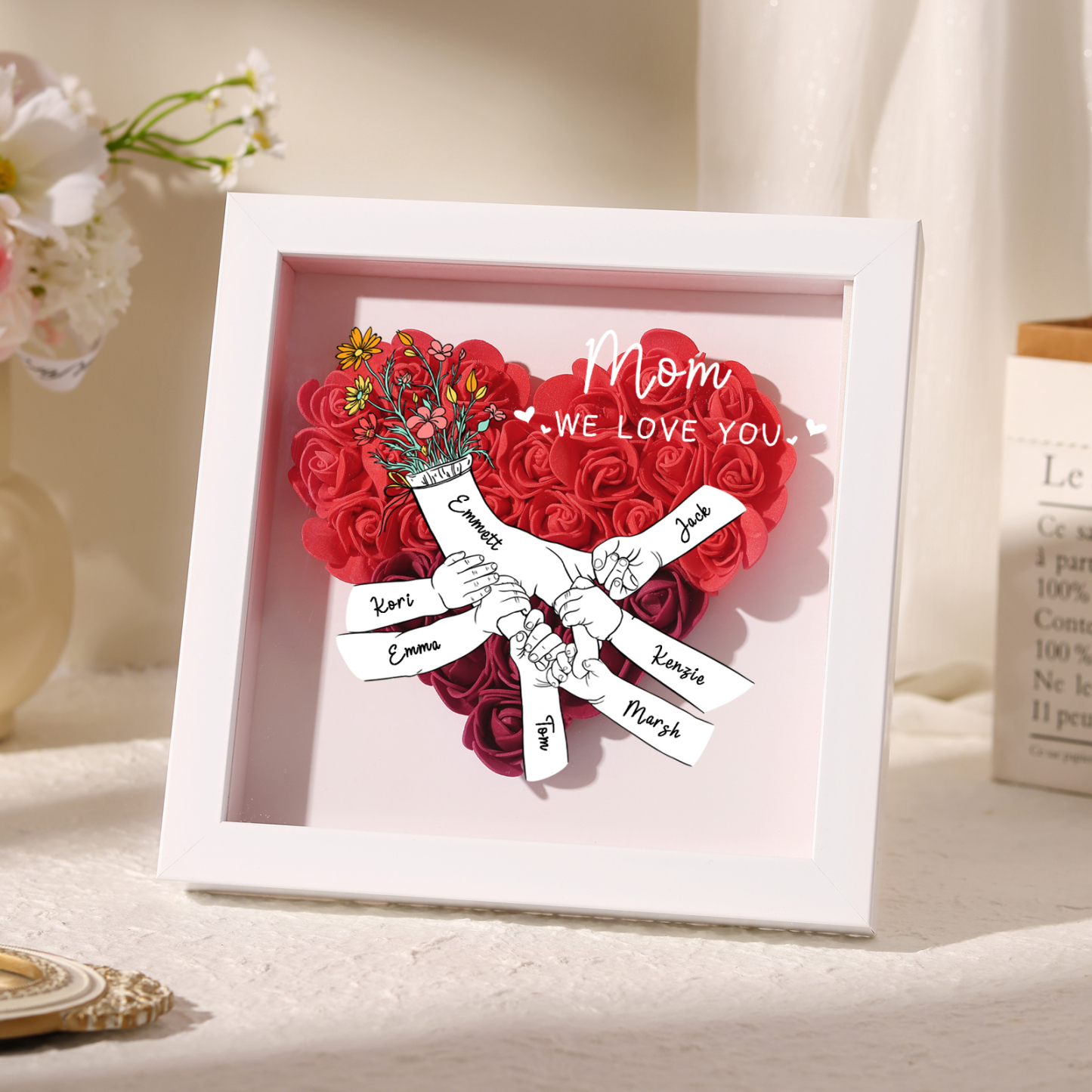 7 Names - Custom 3D Flower Shadow Plaque - Personalized Gift Decor with Names & Texts - Mother's Day, Grandma, Wife Plaque