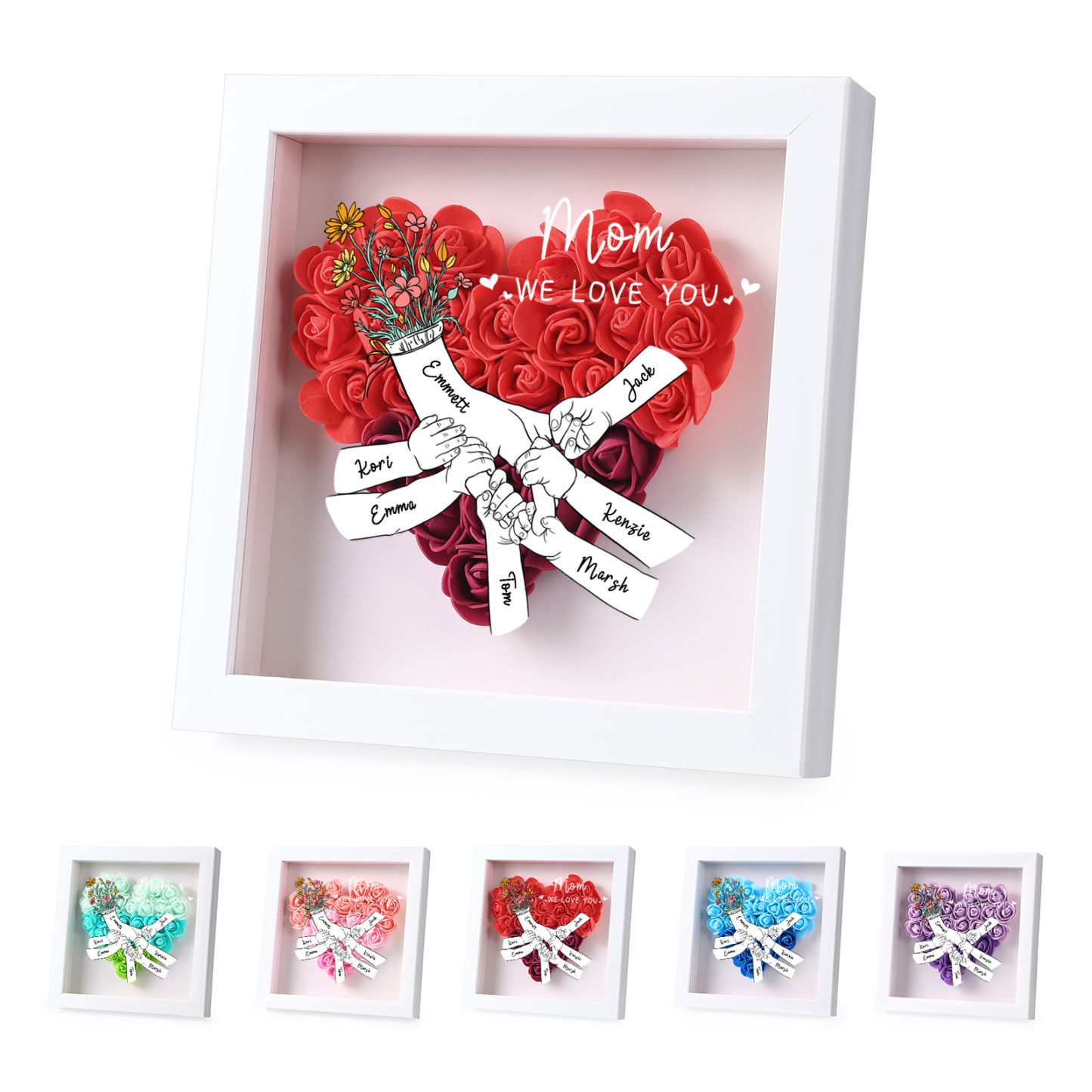 7 Names - Custom 3D Flower Shadow Plaque - Personalized Gift Decor with Names & Texts - Mother's Day, Grandma, Wife Plaque