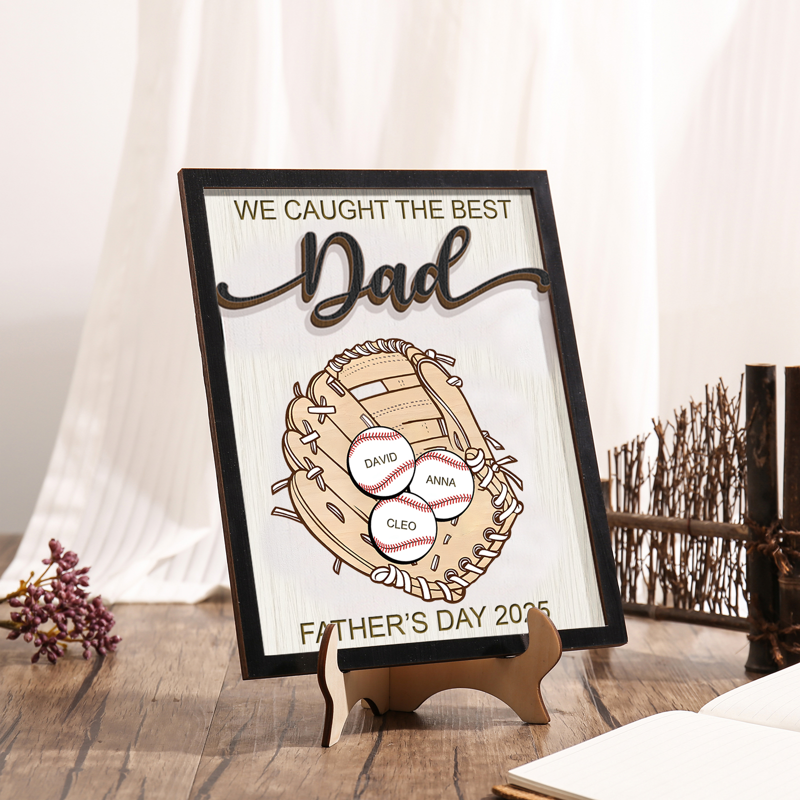 3 names - Personalized Baseball-Themed Father’s Day Plaque – Engraved Wooden Baseball Plaque with Names - Personalized Gift for Dad with Kids | Jessemade