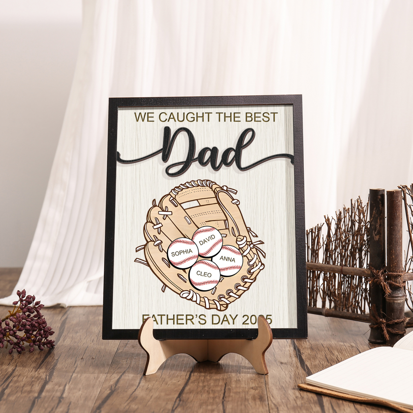 4 names - Personalized Baseball-Themed Father’s Day Plaque – Engraved Wooden Baseball Plaque with Names - Personalized Gift for Dad with Kids | Jessemade
