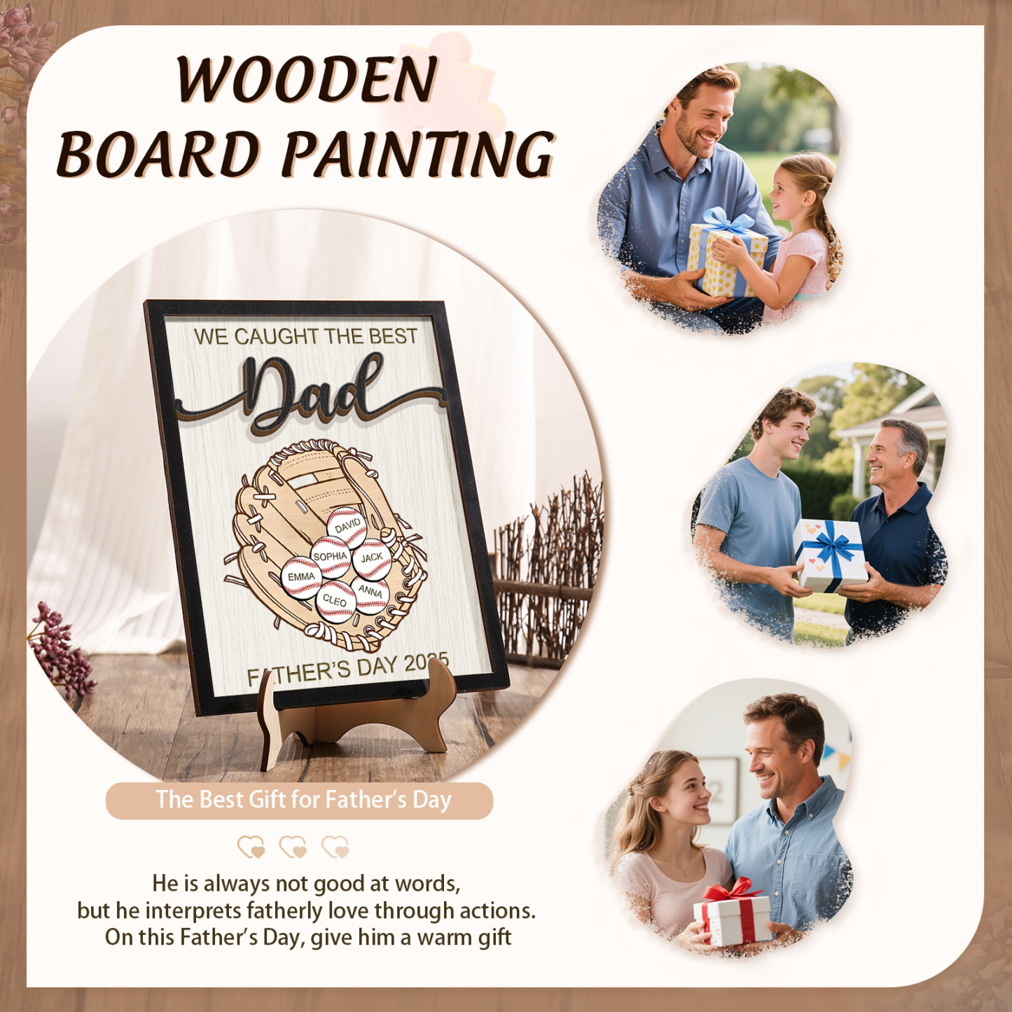 6 names - Personalized Baseball-Themed Father’s Day Plaque – Engraved Wooden Baseball Plaque with Names - Personalized Gift for Dad with Kids | Jessemade