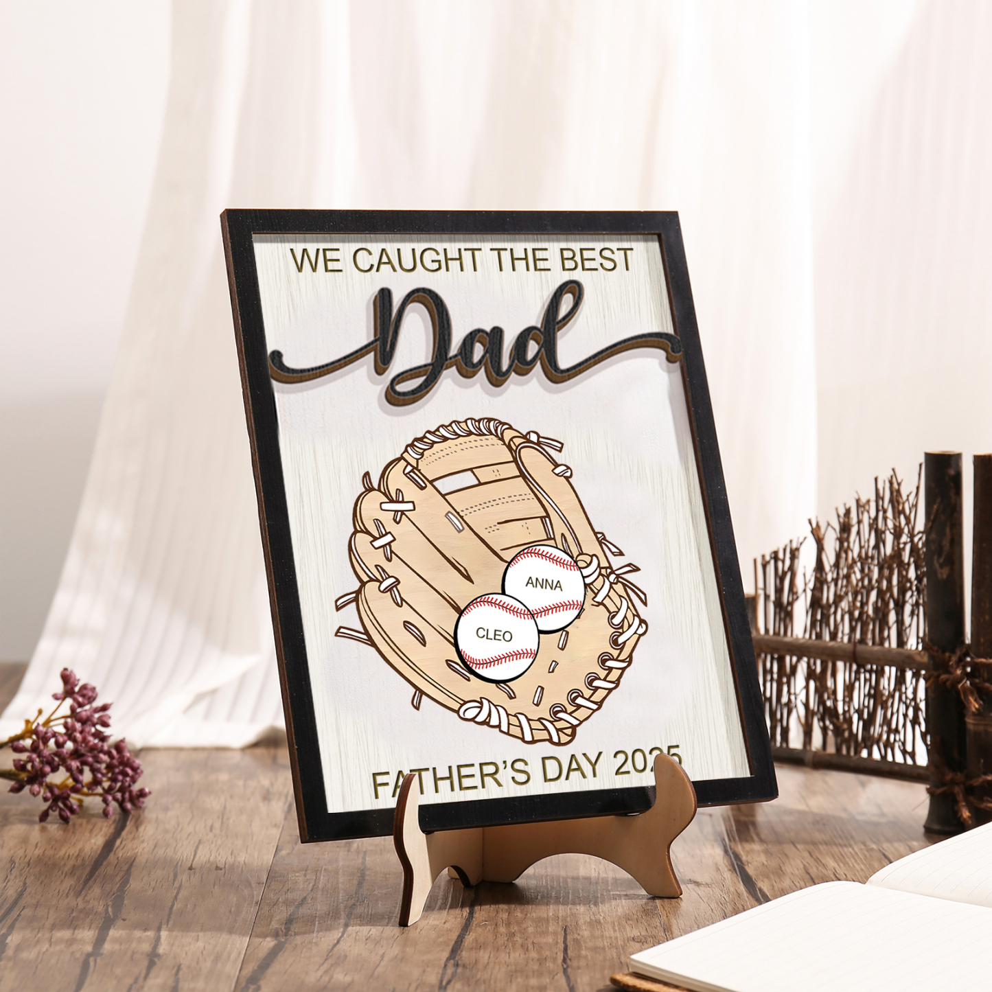 Personalized Baseball-Themed Father’s Day Plaque – Engraved Wooden Baseball Plaque with Names - Personalized Gift for Dad with Kids | Jessemade