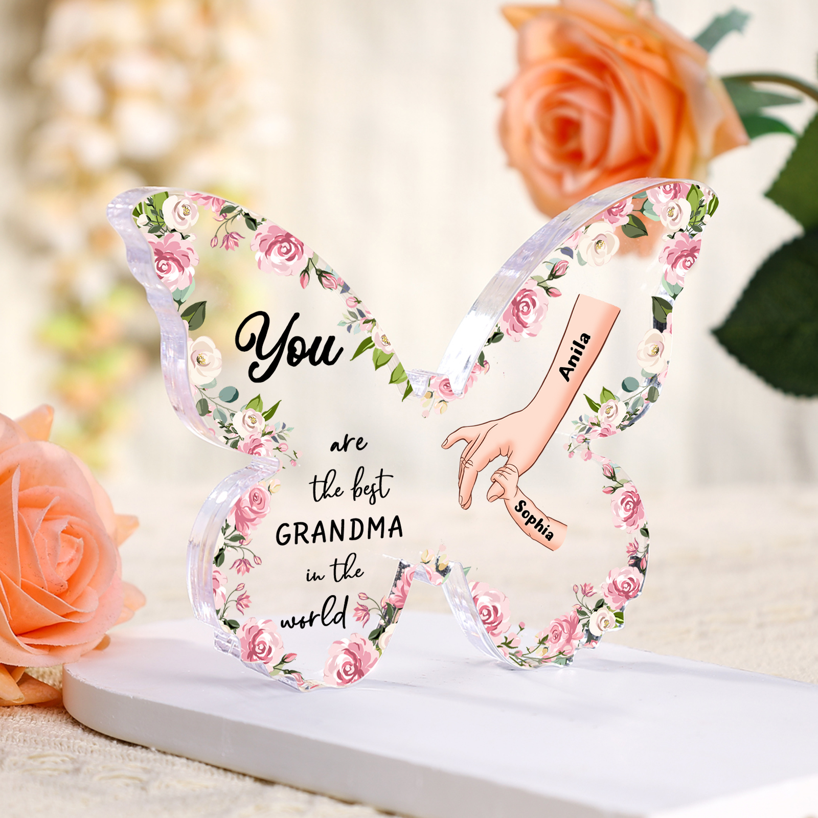 2 Names - Personalized Butterfly Acrylic Plaque for Mom- Custom Gift with Multiple Names and Texts for Mother's Day