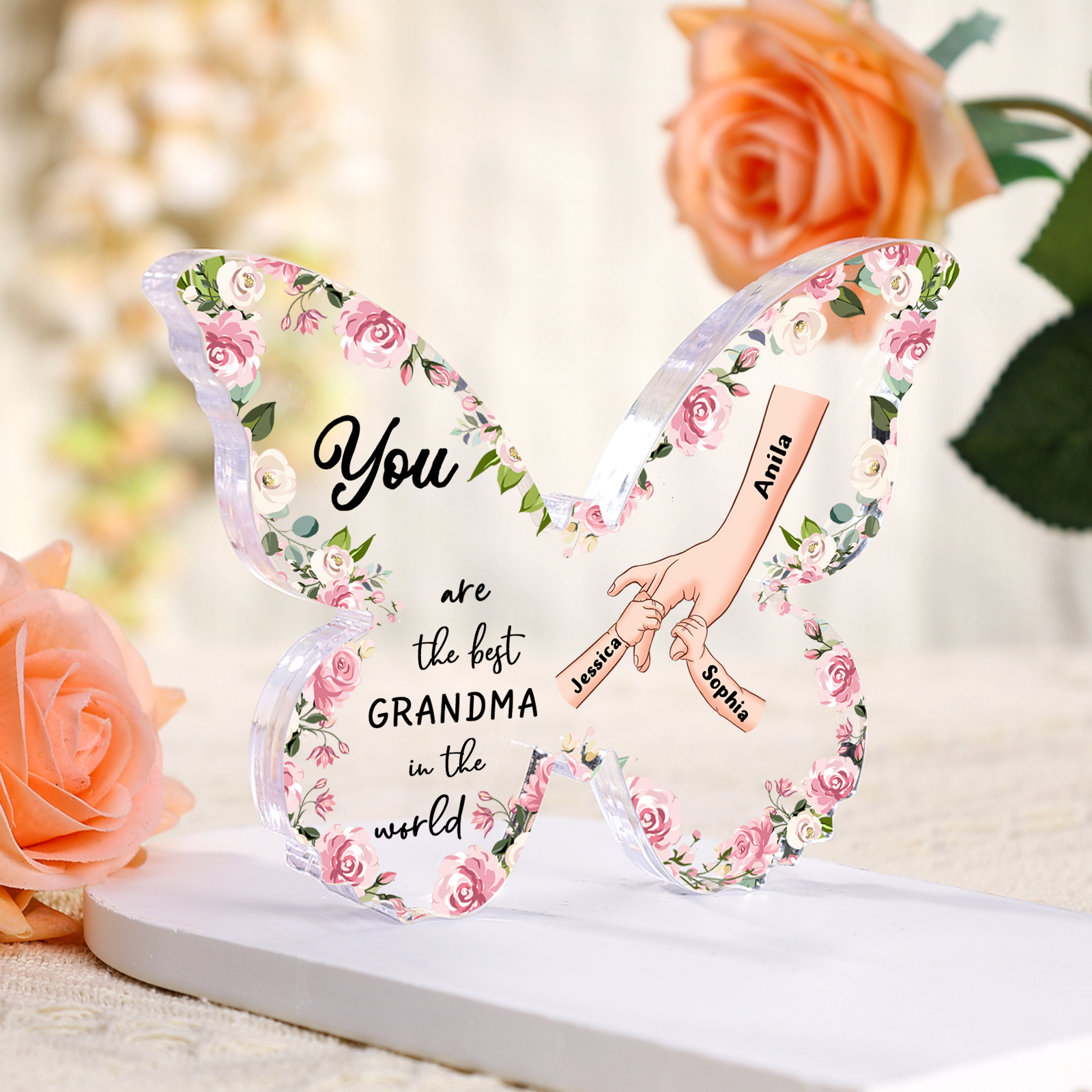 3 Names - Personalized Butterfly Acrylic Plaque for Mom- Custom Gift with Multiple Names and Texts for Mother's Day