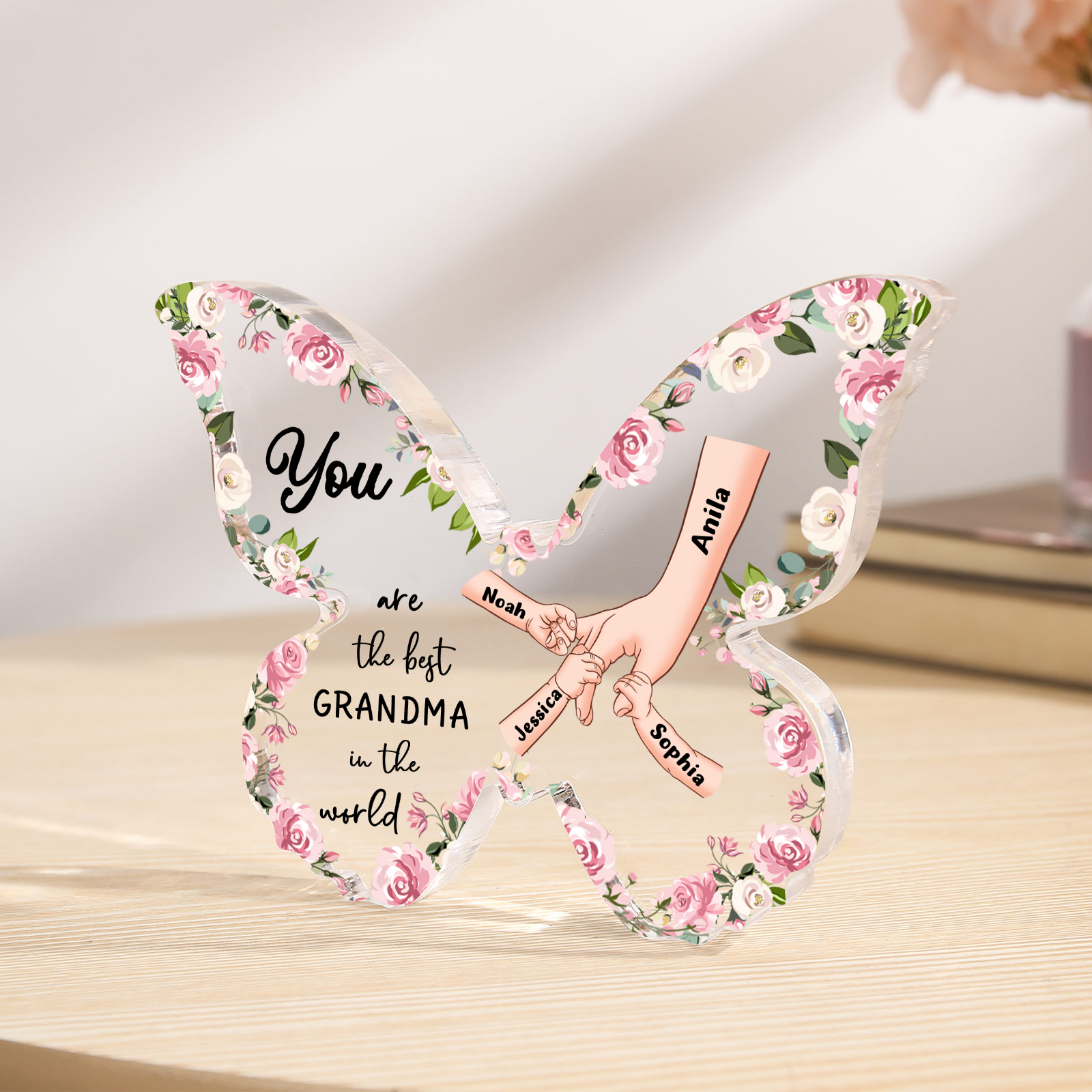 4 Names - Personalized Butterfly Acrylic Plaque for Mom- Custom Gift with Multiple Names and Texts for Mother's Day