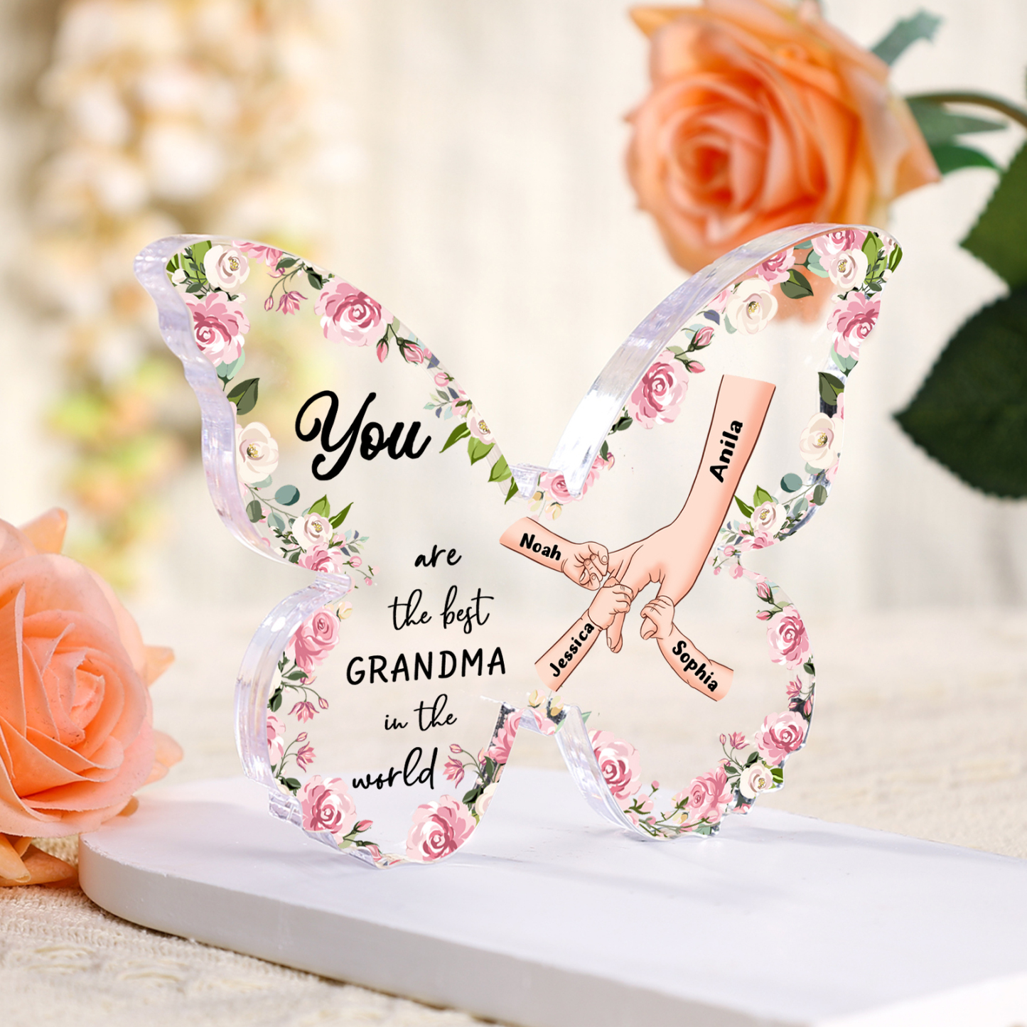 4 Names - Personalized Butterfly Acrylic Plaque for Mom- Custom Gift with Multiple Names and Texts for Mother's Day