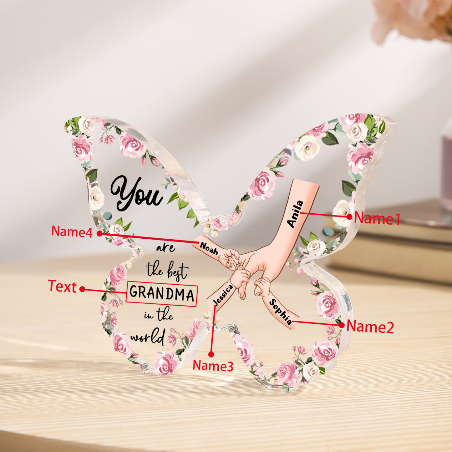 4 Names - Personalized Butterfly Acrylic Plaque for Mom- Custom Gift with Multiple Names and Texts for Mother's Day